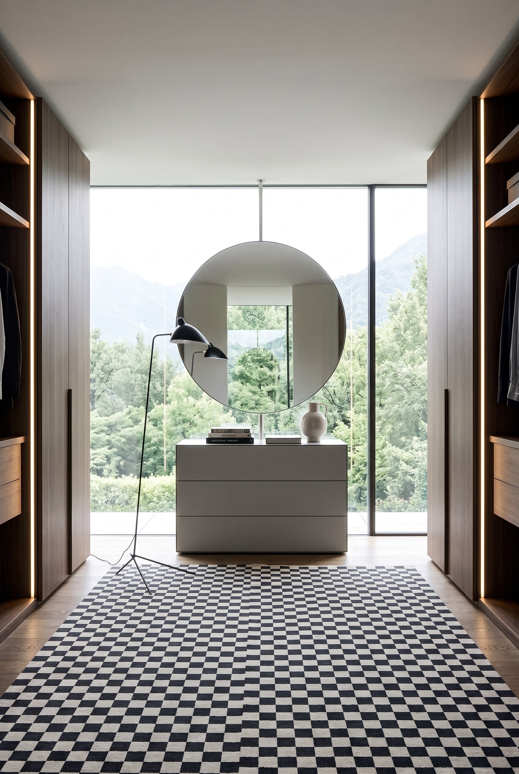 Moderne Livitalia Ecletto Kommode in einem eleganten Ankleidezimmer, die als stilvoller Bruch vor hohen Schrankwänden platziert ist