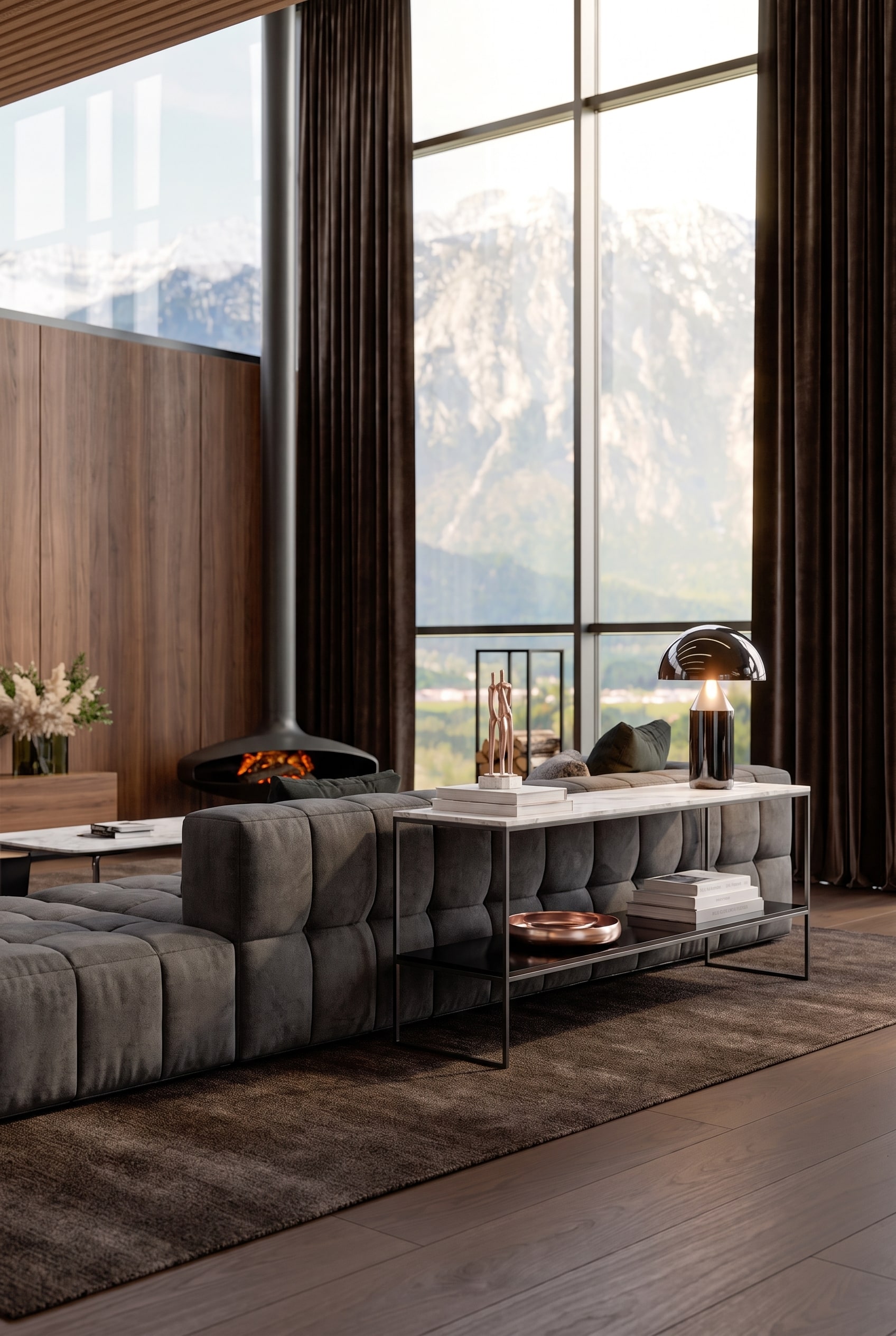 Schmale Konsole aus Metall und Stein, platziert hinter einem großen Sofa als eleganter Raumteiler