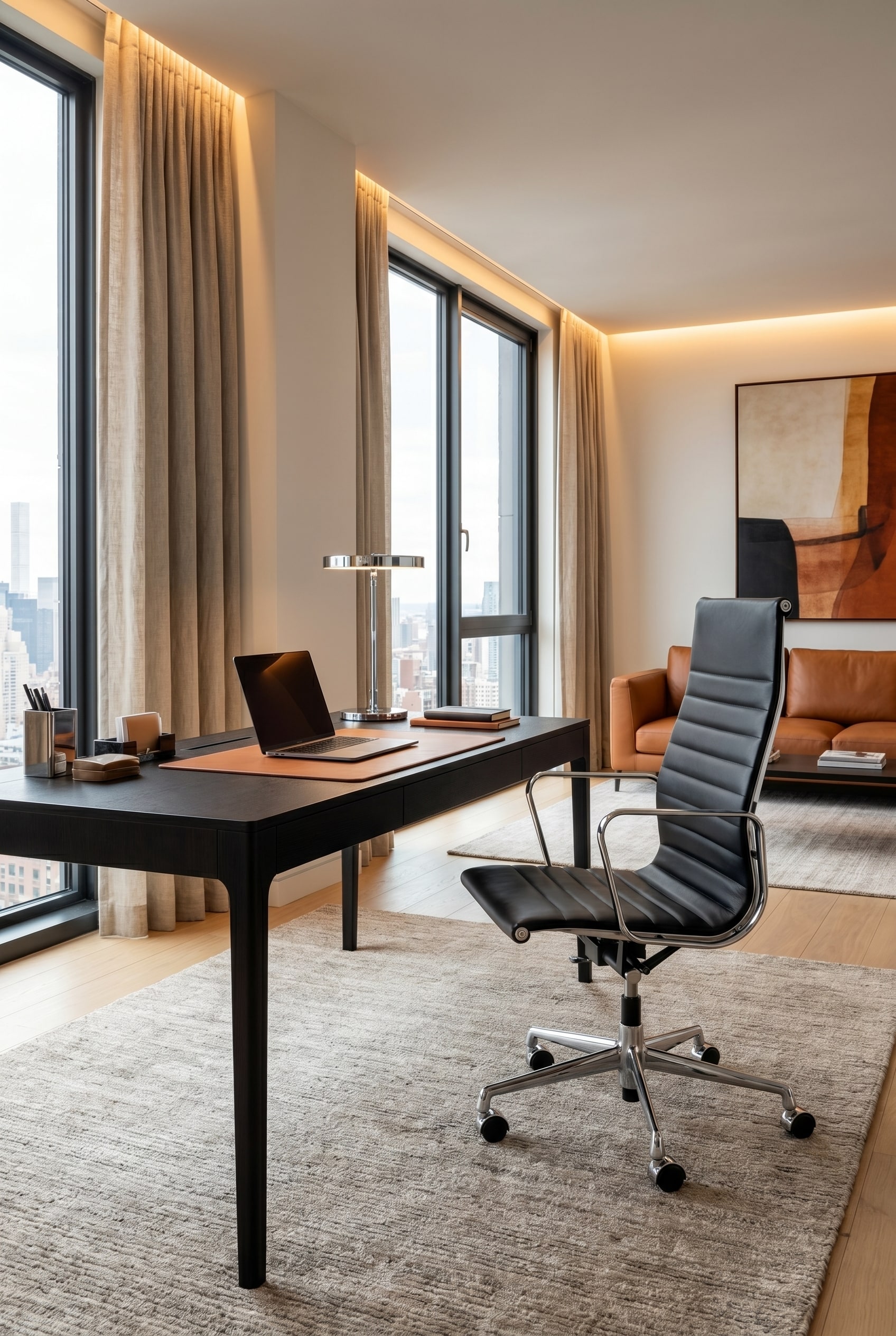 Schwarzer Management-B&uuml;rostuhl mit horizontaler Steppung an einem minimalistischen Schreibtisch vor heller Wand