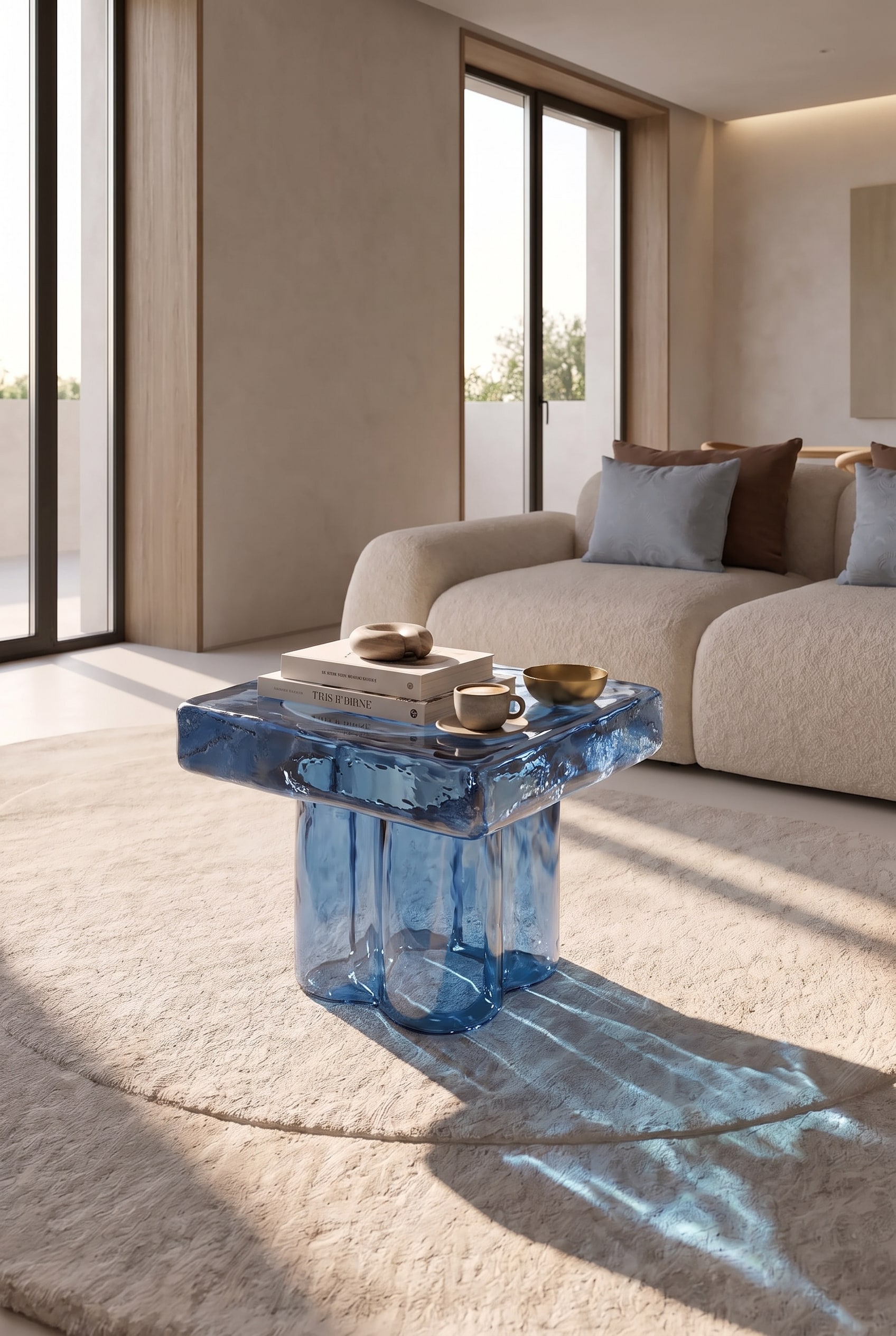Helles Wohnzimmer mit einem quadratischen Couchtisch aus transparentem bernsteinfarbenem Muranoglas auf einem strukturierten Wollteppich.