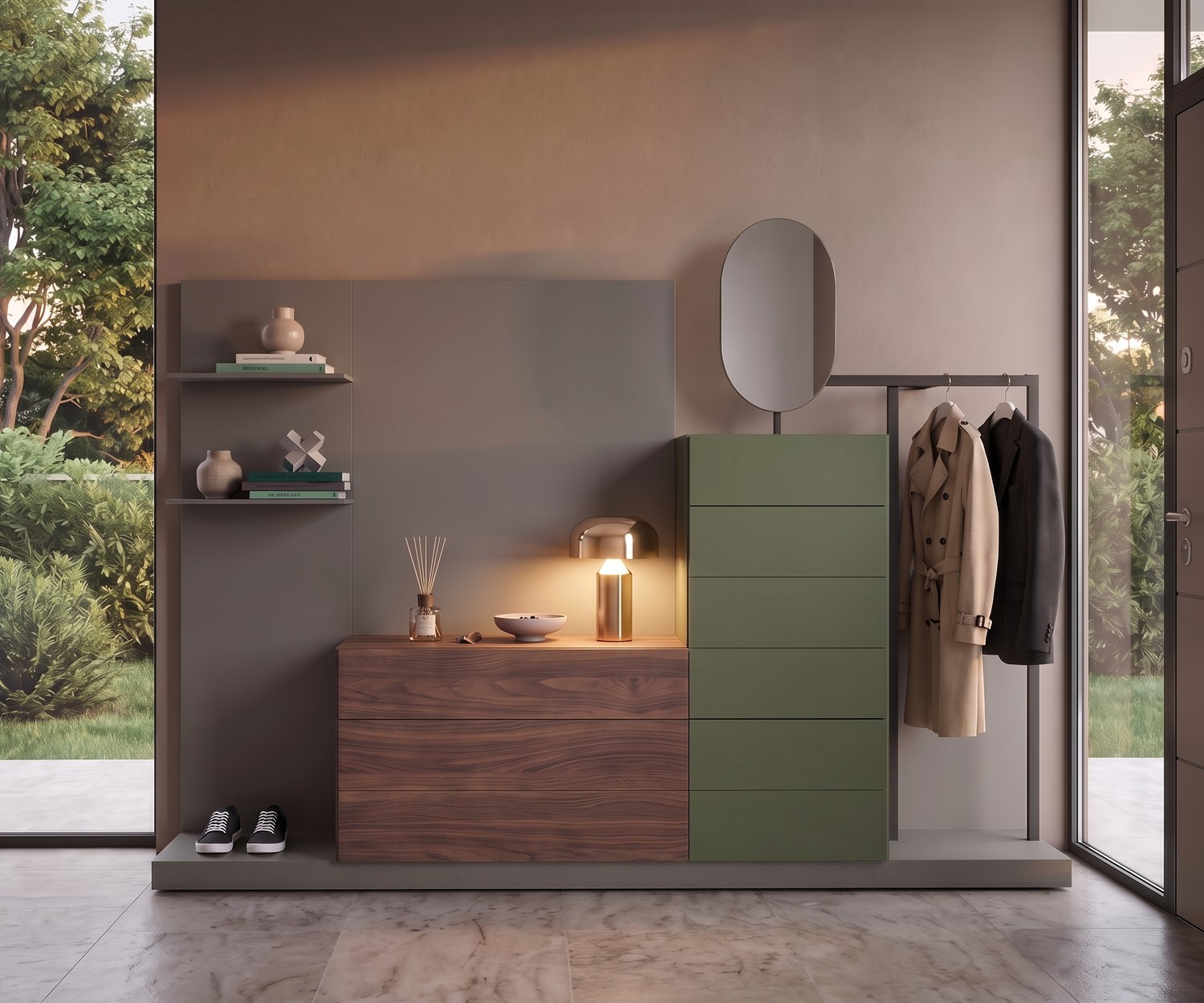 Novamobili Easy 9 Flurgarderobe mit Kommode Flurgarderobe Novamobili Easy 9 Kommode mit Kleiderstange & Spiegel für den Flur in Holz und Olivgrün im modernen Design.