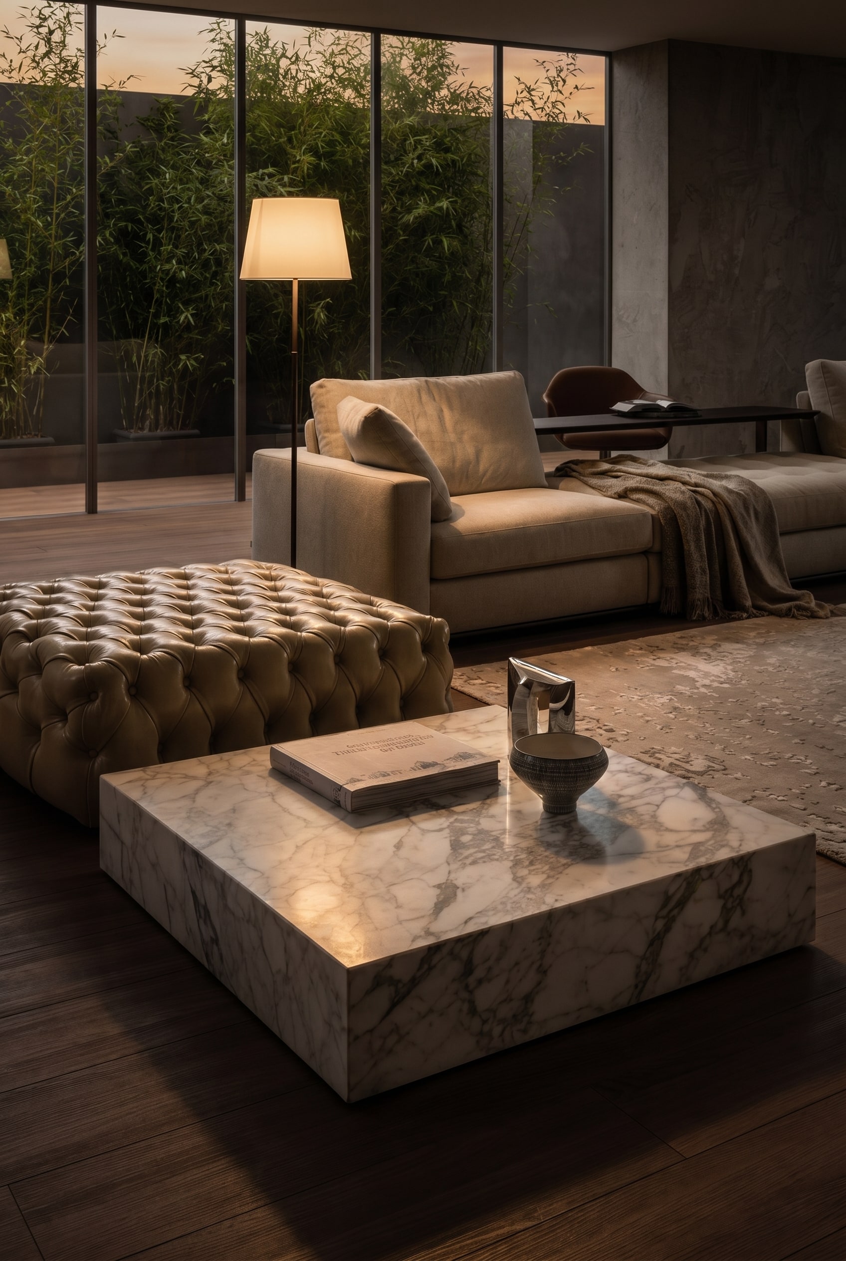 Marelli Couchtisch Thor in hellem Marmor, beleuchtet von warmem seitlichen Streiflicht in einer Lounge Marelli Couchtisch Thor in hellem Marmor, beleuchtet von warmem seitlichen Streiflicht in einer Lounge