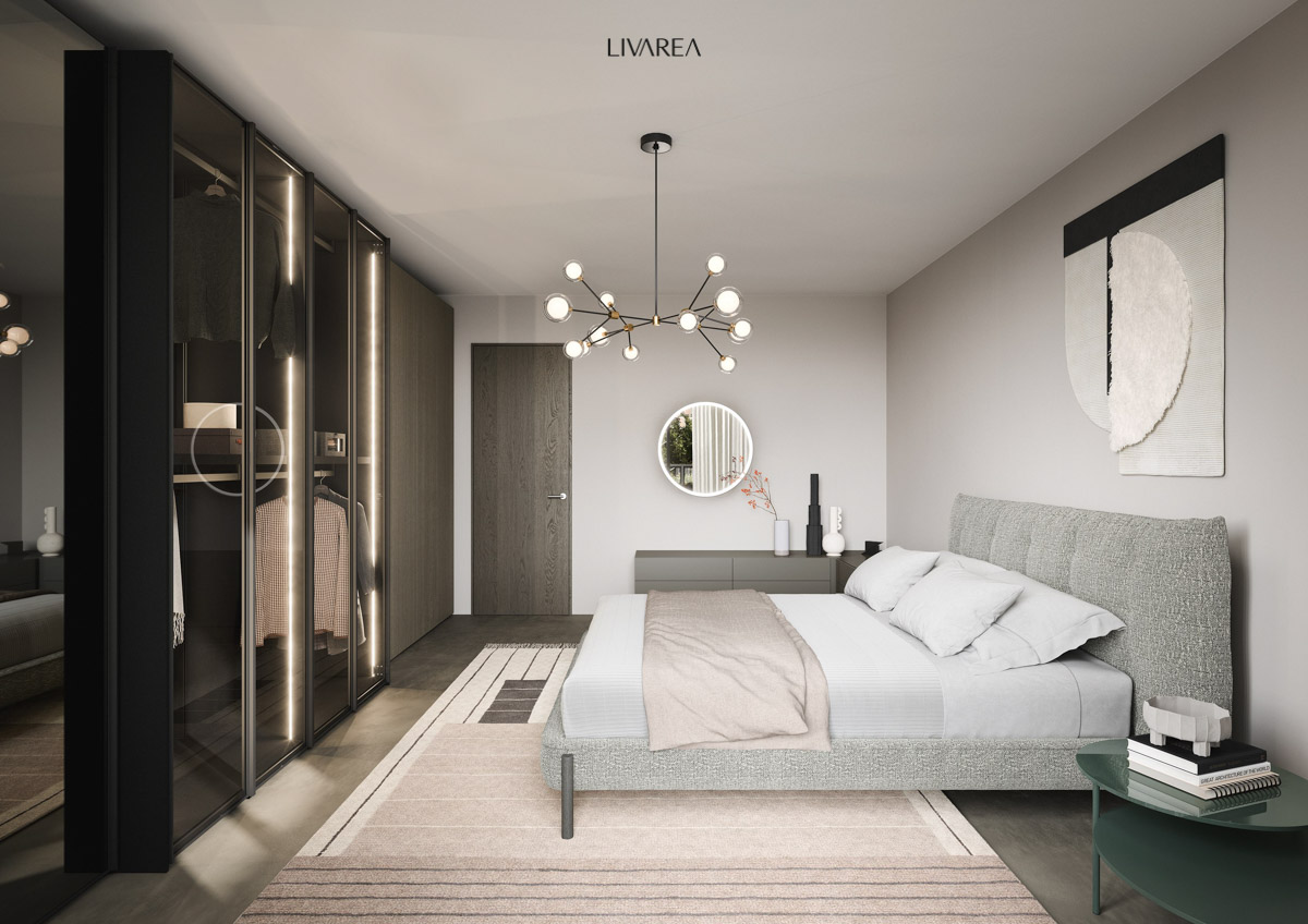 Modernes Schlafzimmer mit Einbauschrank und Polsterbett Modernes Schlafzimmer mit Einbauschrank und Polsterbett