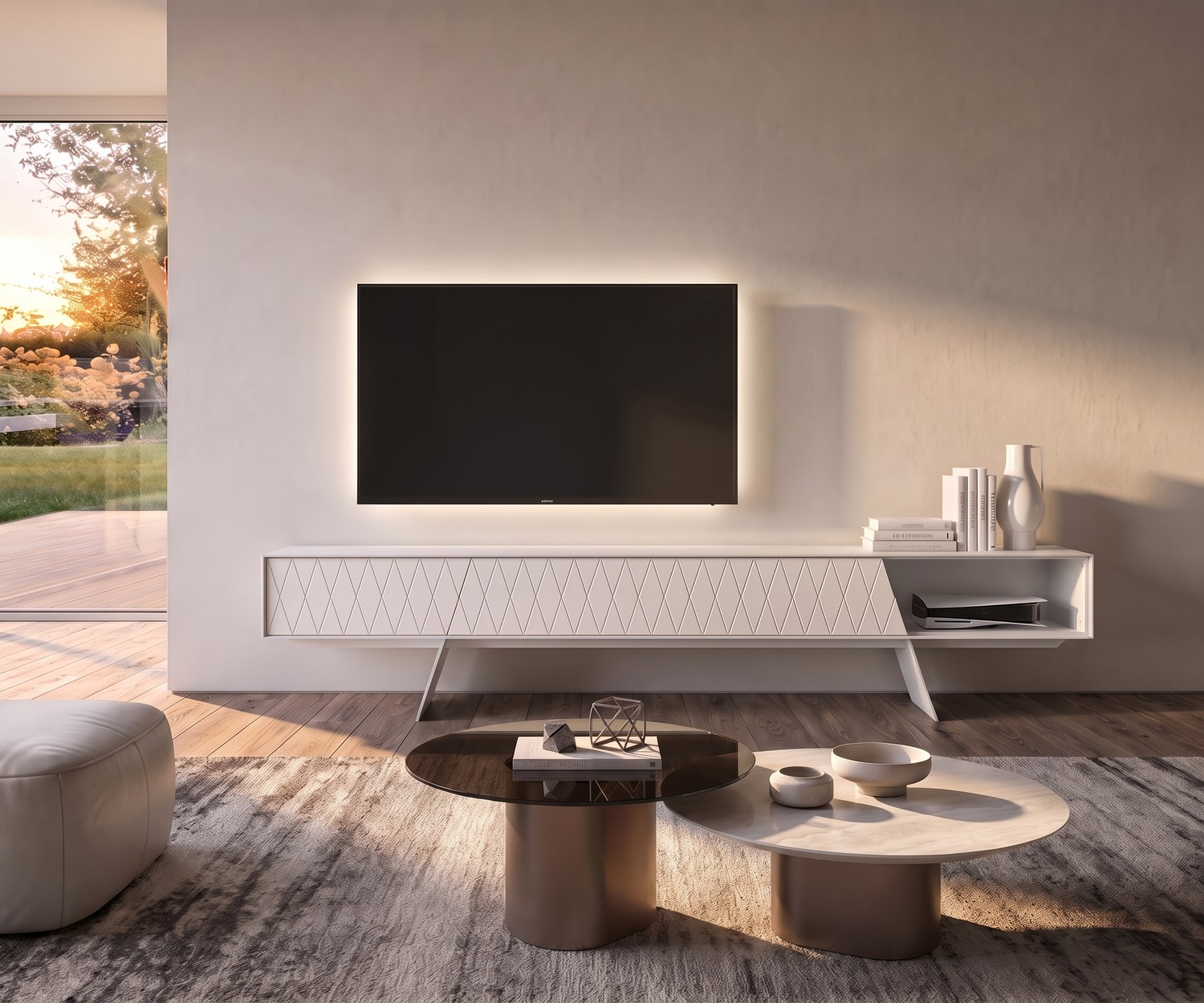 Designer TV Lowboard al2 e-klipse 008 in Weiß TV Lowboard al2 e-klipse 008 für das Wohnzimmer in Weiß mit Rautenmuster, eleganten Füßen und offenem Fach.