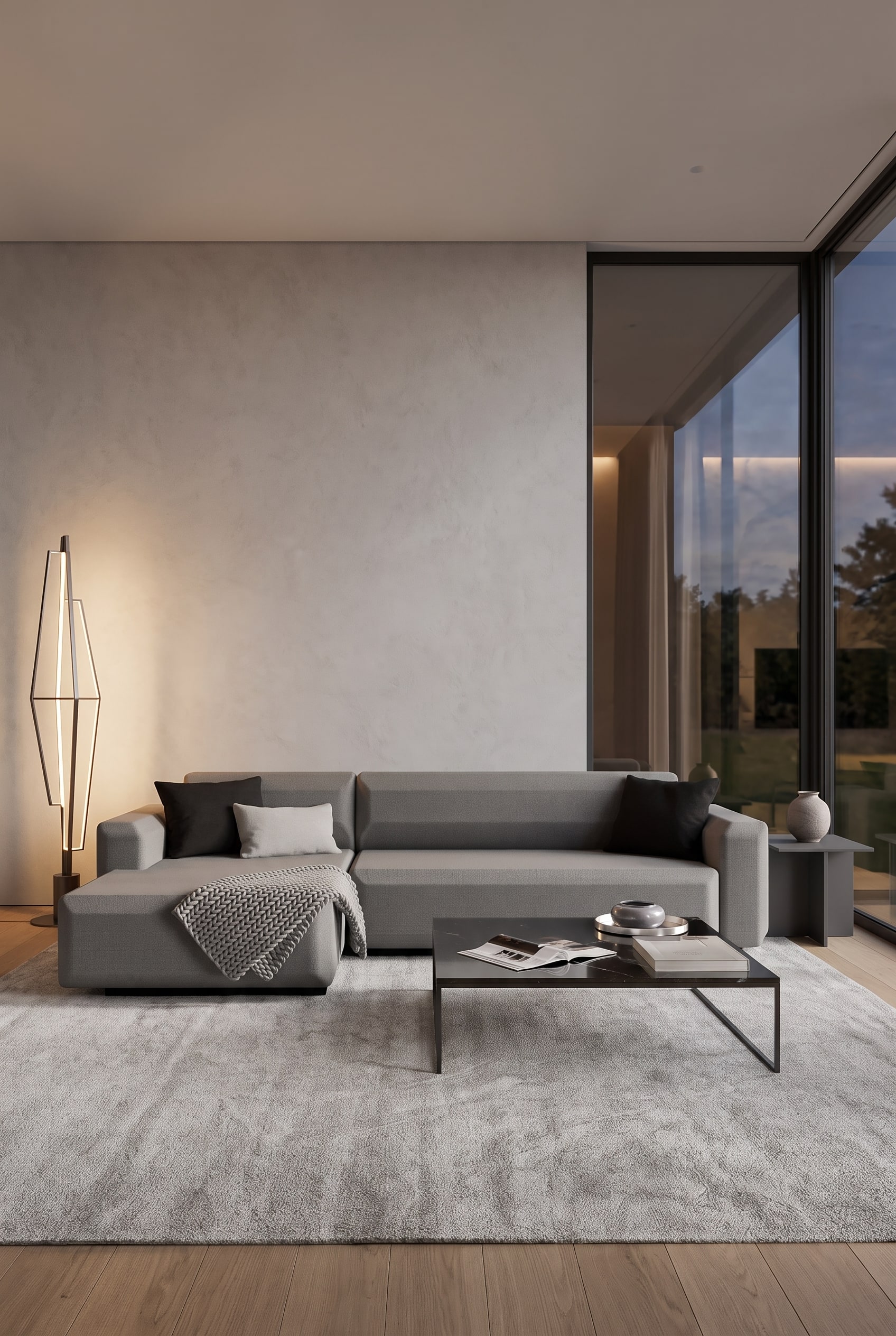 Elegantes Wohnzimmer mit einem abgestuften grauen Schlafsofa, einer strukturierten Wand und dunkleren Dekokissen