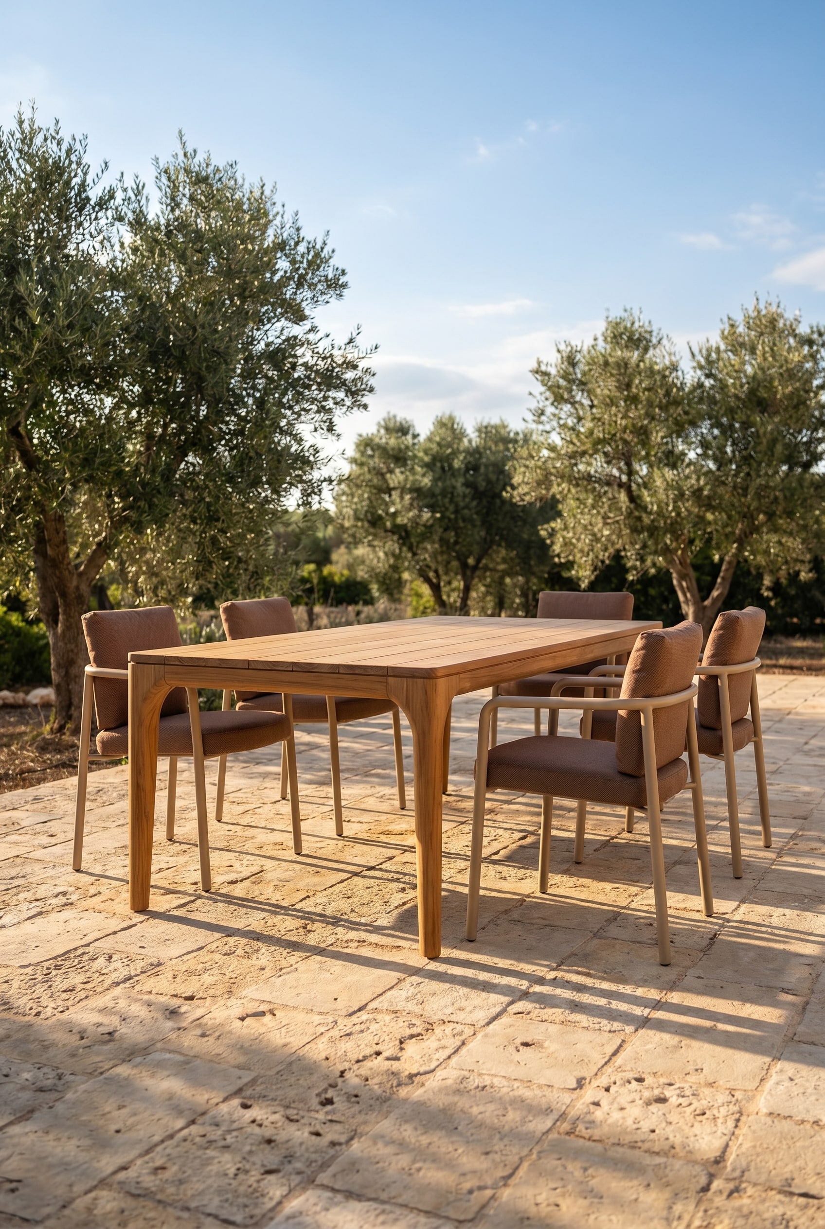 Mediterrane Steinterrasse mit massivem Teakholz-Esstisch und minimalistischen Stahl-Gartenstühlen in Beige