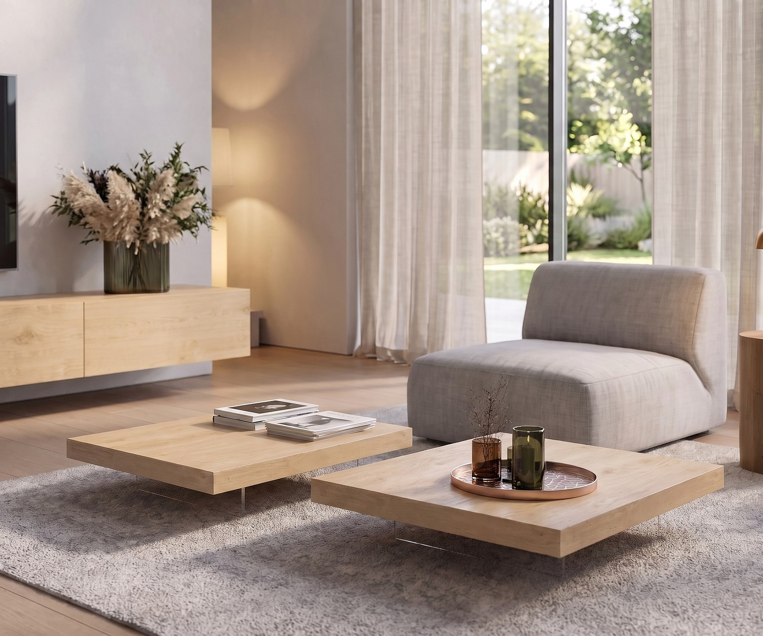 Livitalia Design Couchtisch Low 65x90 cm Eichen Furnier Hell
