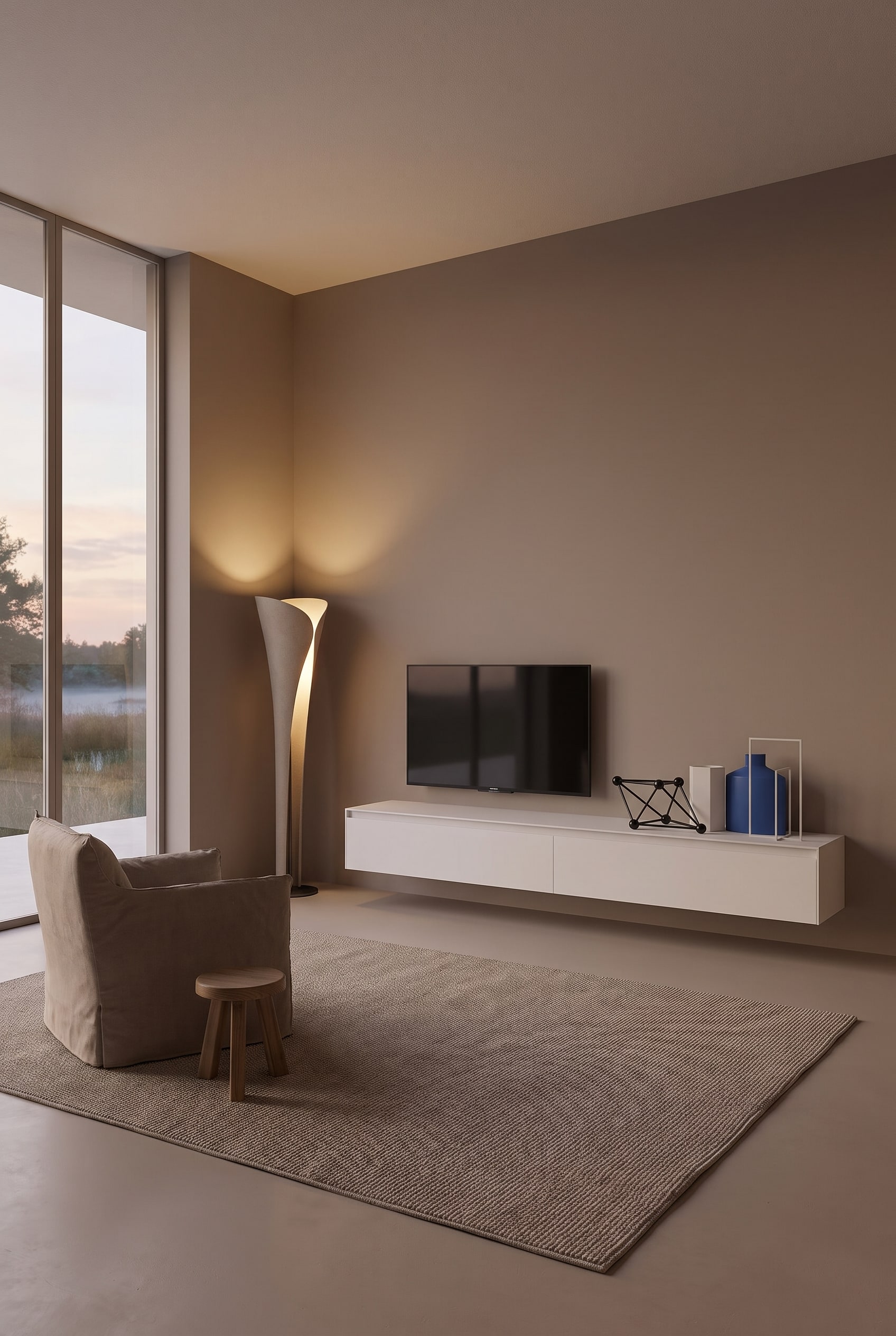 Ton-in-Ton Wohnzimmer mit einem grifflosen, matt lackierten Lowboard in Taupe, das sich nahtlos in die Wandfarbe einf&uuml;gt