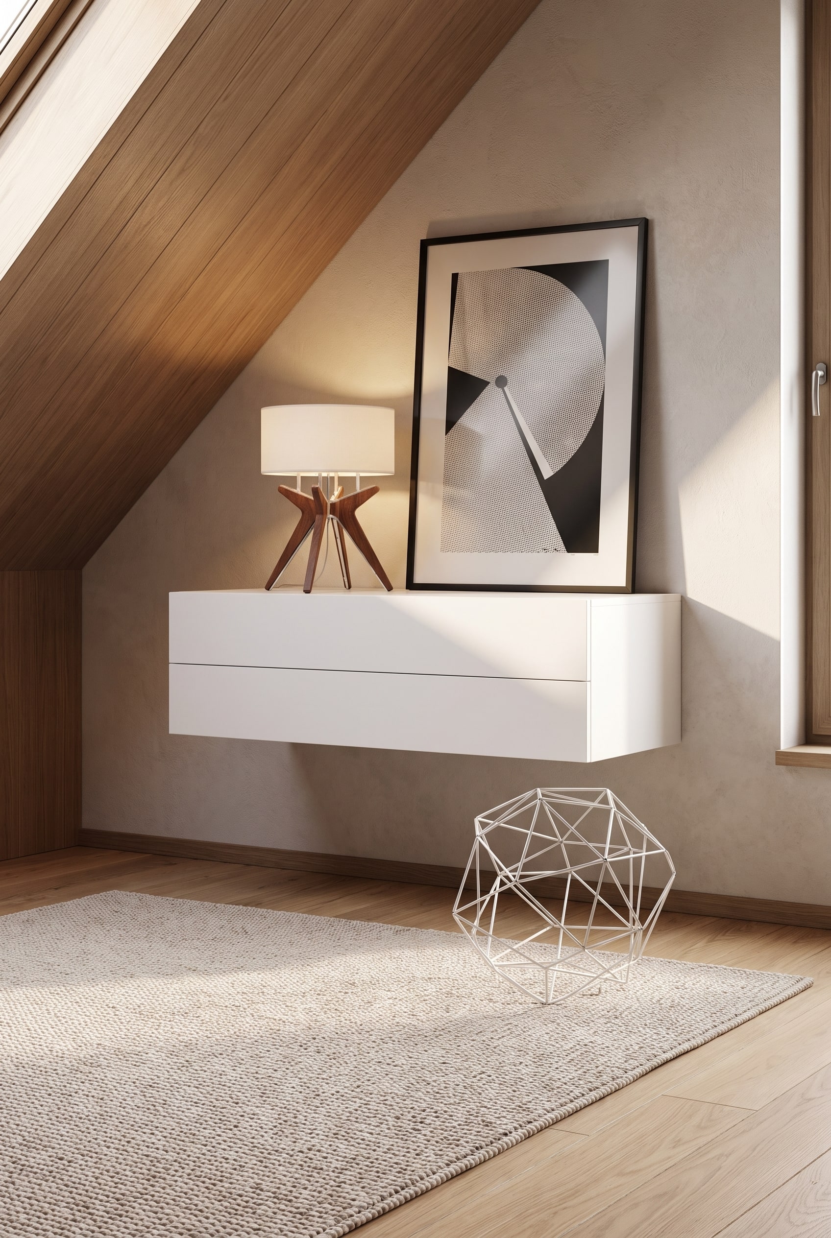 Eine minimalistische Novamobili Hängekommode an einer Wand in einem Raum mit Dachschräge platziert, die optische Weite durch freie Bodenfläche erzeugt.