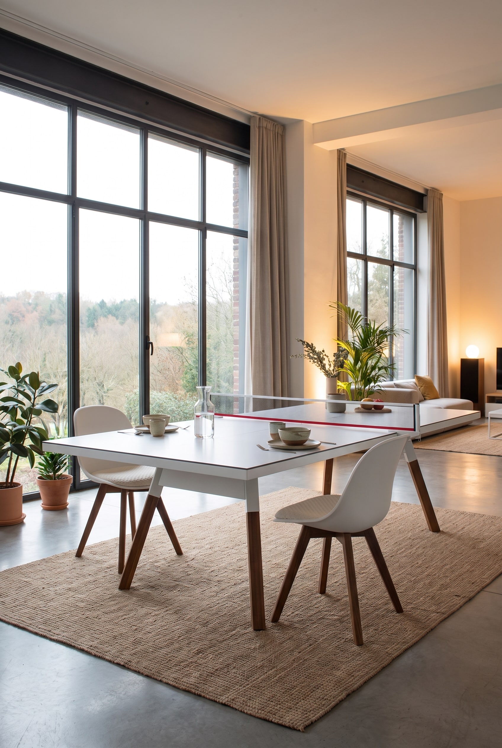 Großes Loft Esszimmer mit weißer Tischtennisplatte als Esstisch umfunktioniert, Holzbeine und zwei Design-Stühle