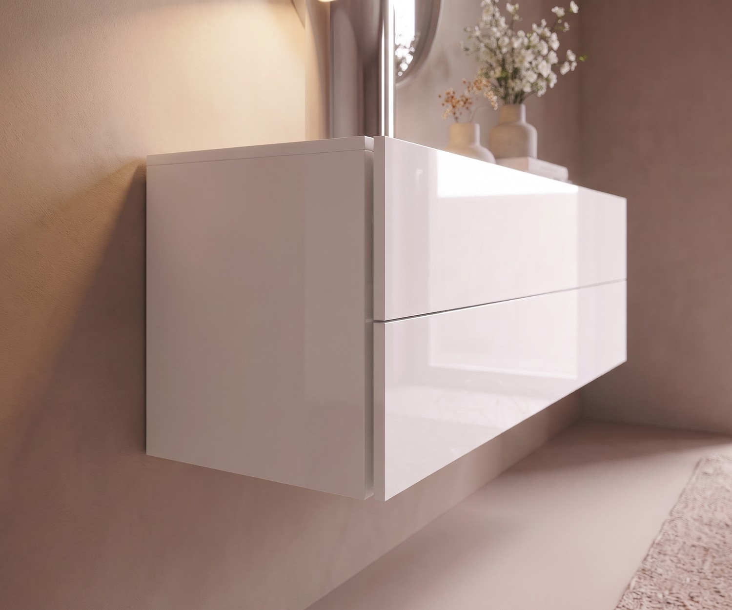 Novamobili Hängekommode Easy Weiß Hochglanz Novamobili Hängekommode Easy im Schlafzimmer. Moderne schwebende Kommode in Weiß Hochglanz für minimalistisches Design.