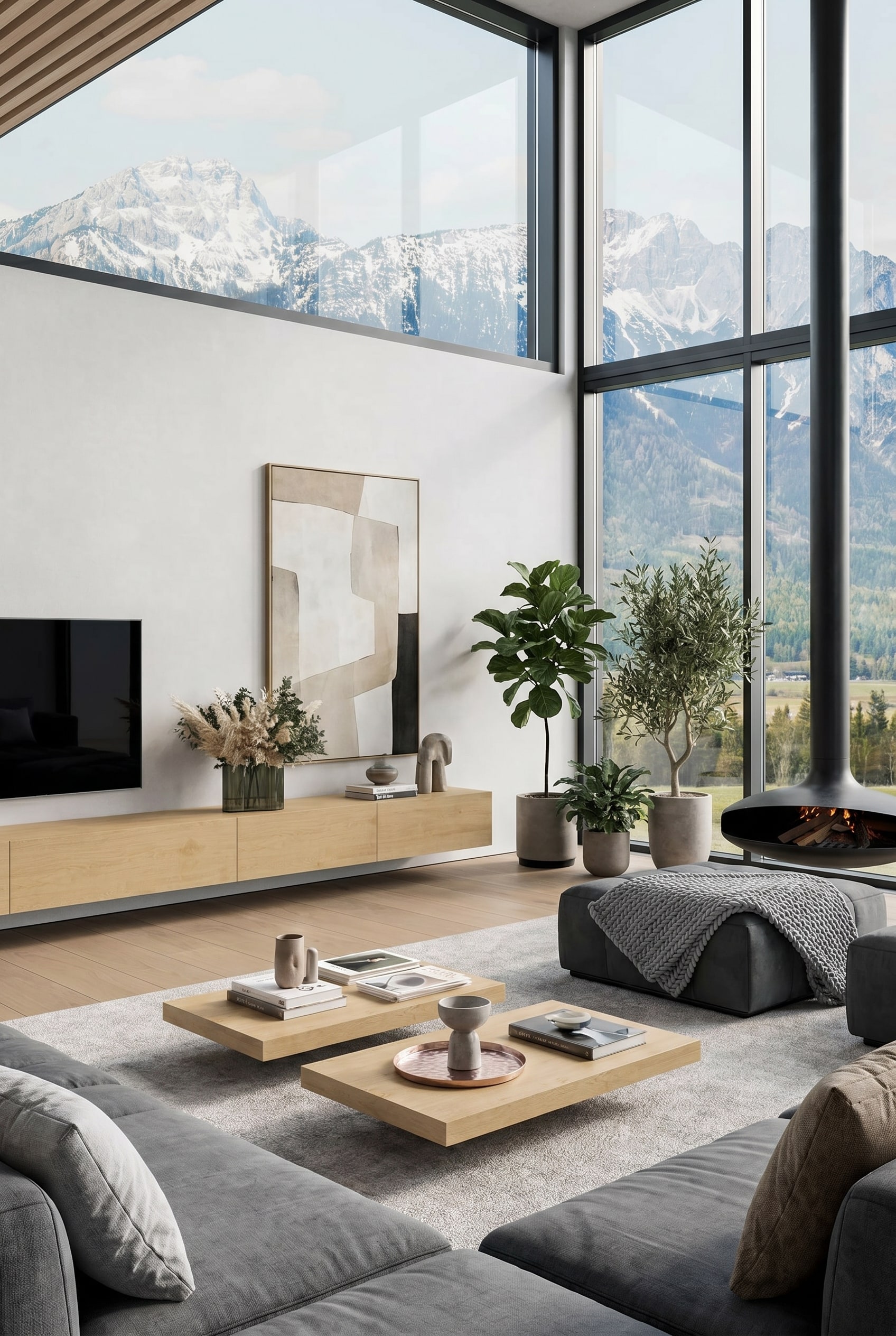 Weitläufiges Wohnzimmer mit wandhängendem Holz-Lowboard, das die Raumproportionen optisch streckt