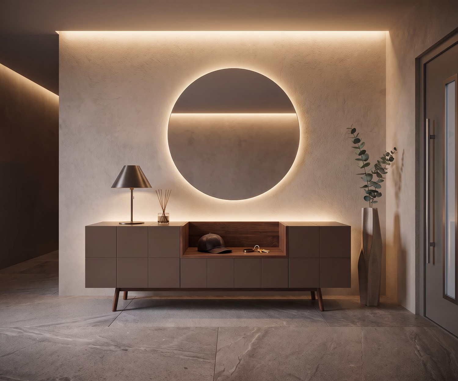 al2 Sideboard MOS-I-KO 003 A als Flurkommode, matt braunes Design-Sideboard mit offener Nische, minimalistisch beleuchtet