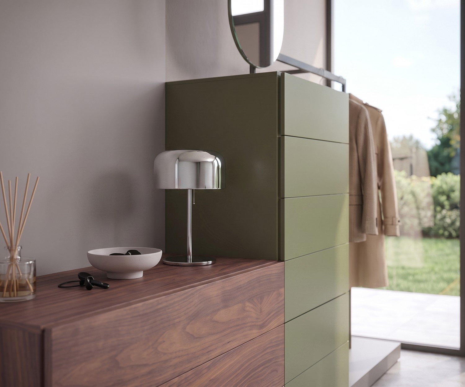 Novamobili Kommode Easy 9 mit Garderobe im Flur aus Nussbaum und Salbeigrün, modernes modulares Design für Kleidung.