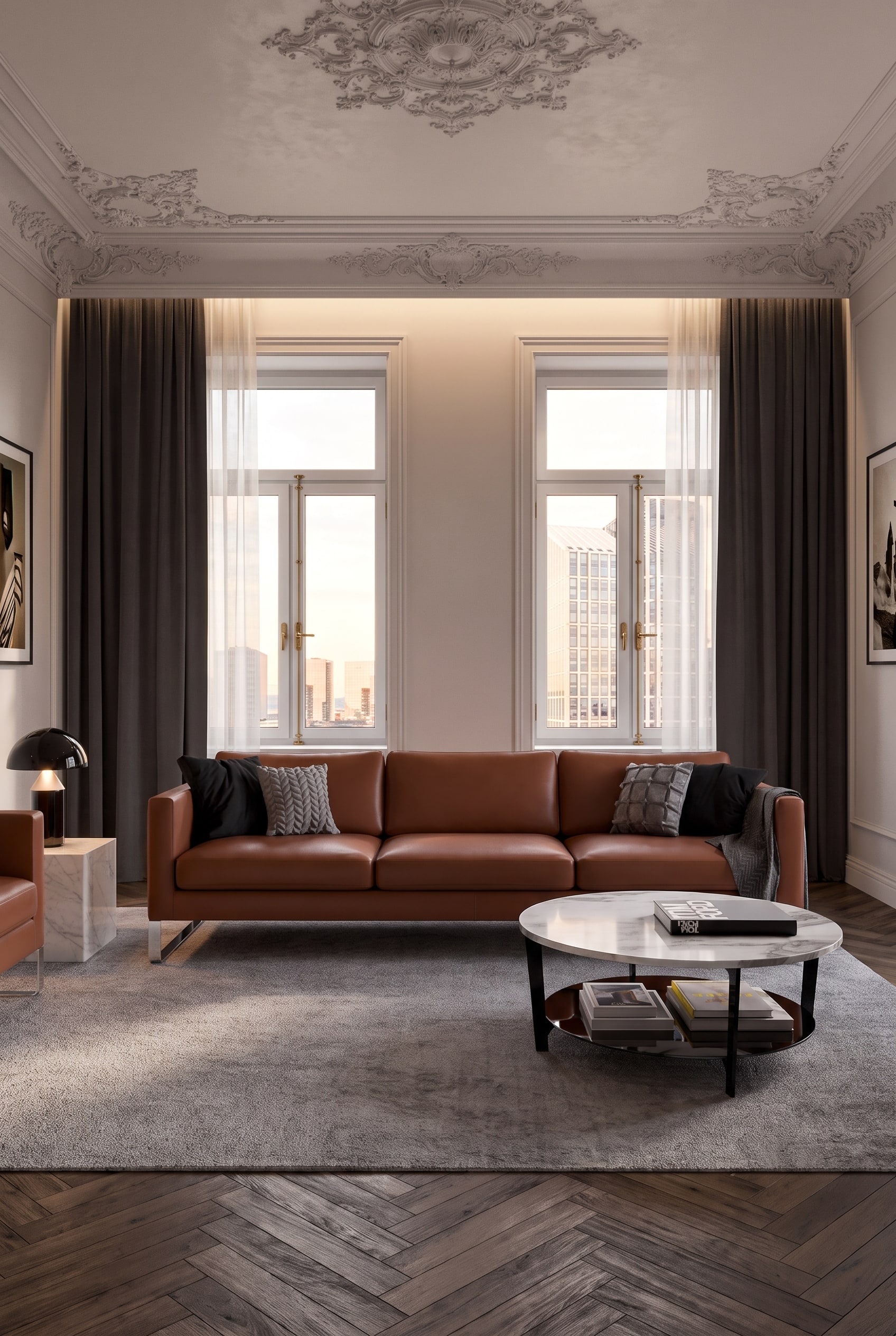 Modernes und schlichtes Sofa Prostoria Cloud in einem eleganten Altbau-Wohnzimmer mit Fischgr&auml;tparkett