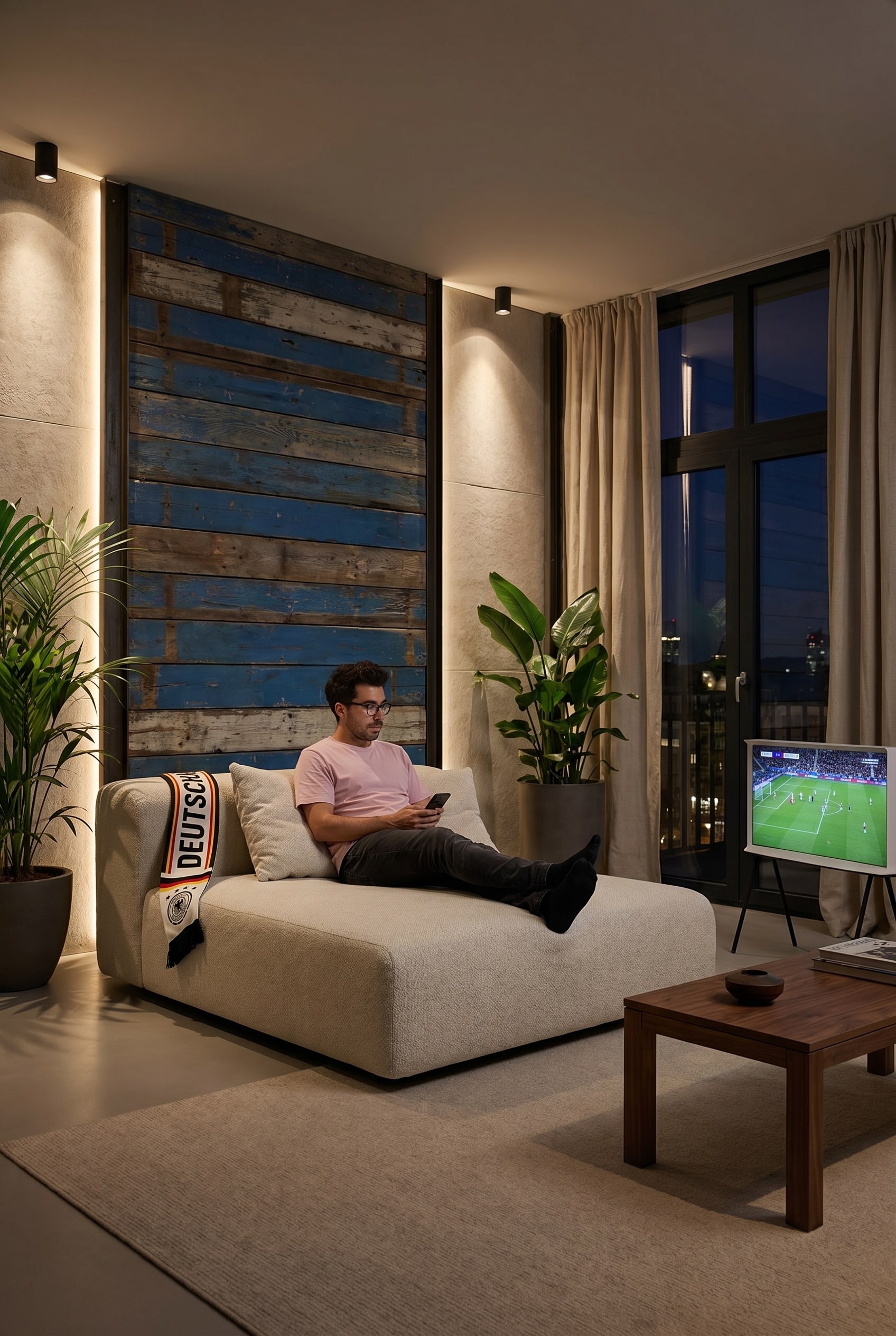 Modernes weißes Modul-Schlafsofa in einer großzügigen Lounge mit industriellen Holzelementen im Hintergrund und einem braunen Holztisch