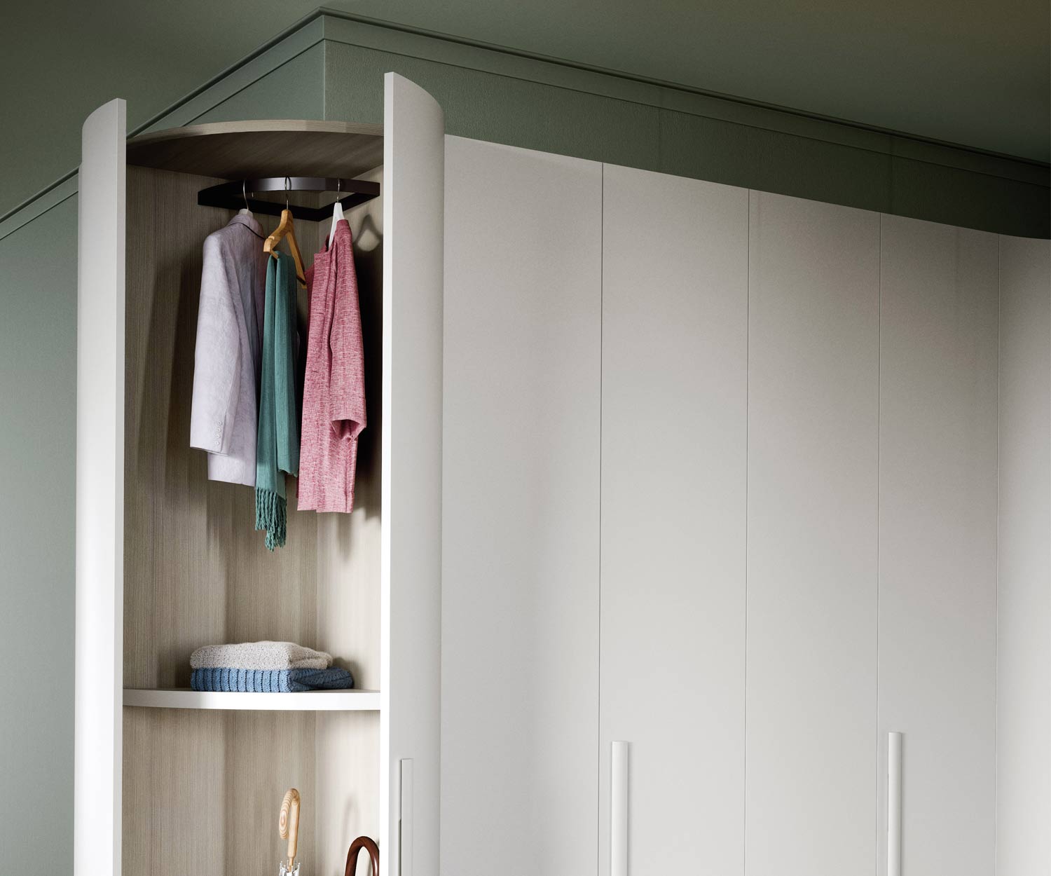 Runder Kleiderschrank Alfa Curvo mit Garderobe und geöffneter Flügeltür Runder Kleiderschrank Alfa Curvo mit Garderobe und geöffneter Flügeltür