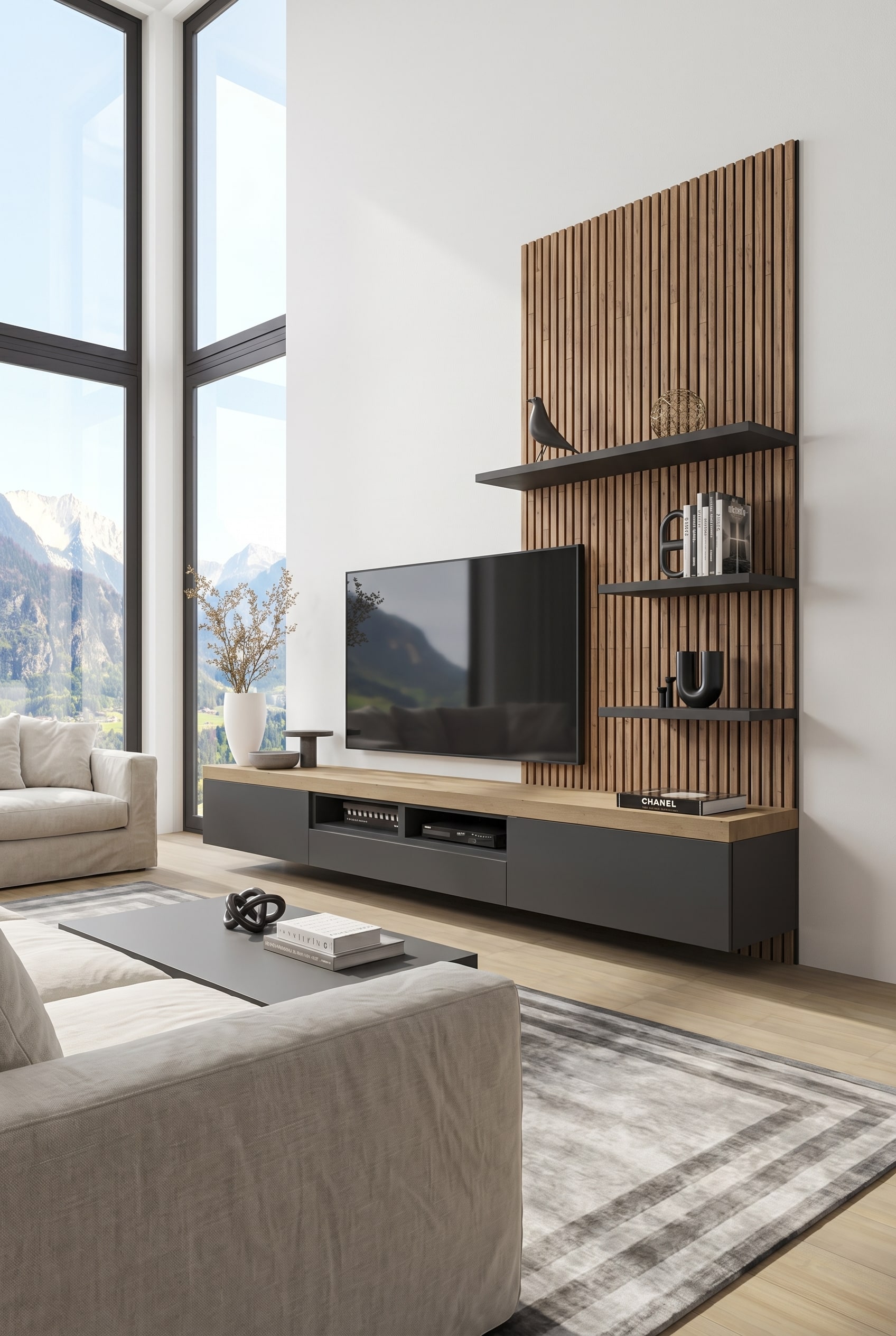 Livitalia Lowboard C101, das mattes Wei&szlig; mit einem eleganten Holz-Finish kombiniert