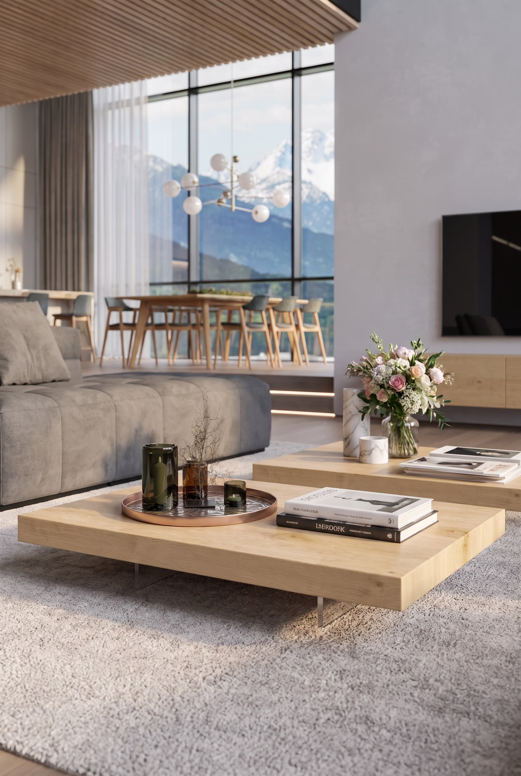Weitläufiges Wohnzimmer mit einem sehr breiten, bodennahen Couchtisch aus Eichenholz, der massiv vor einer großen Fensterfront steht.