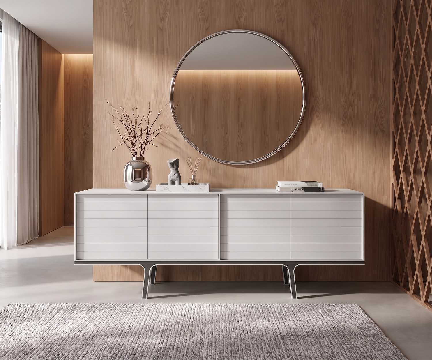 al2 Mobius 002 Design Sideboard Matt Weiß Mobius 002 Sideboard von al2 im Wohnzimmer. Modernes matt weißes Design-Sideboard vor Holzwand mit rundem Spiegel.