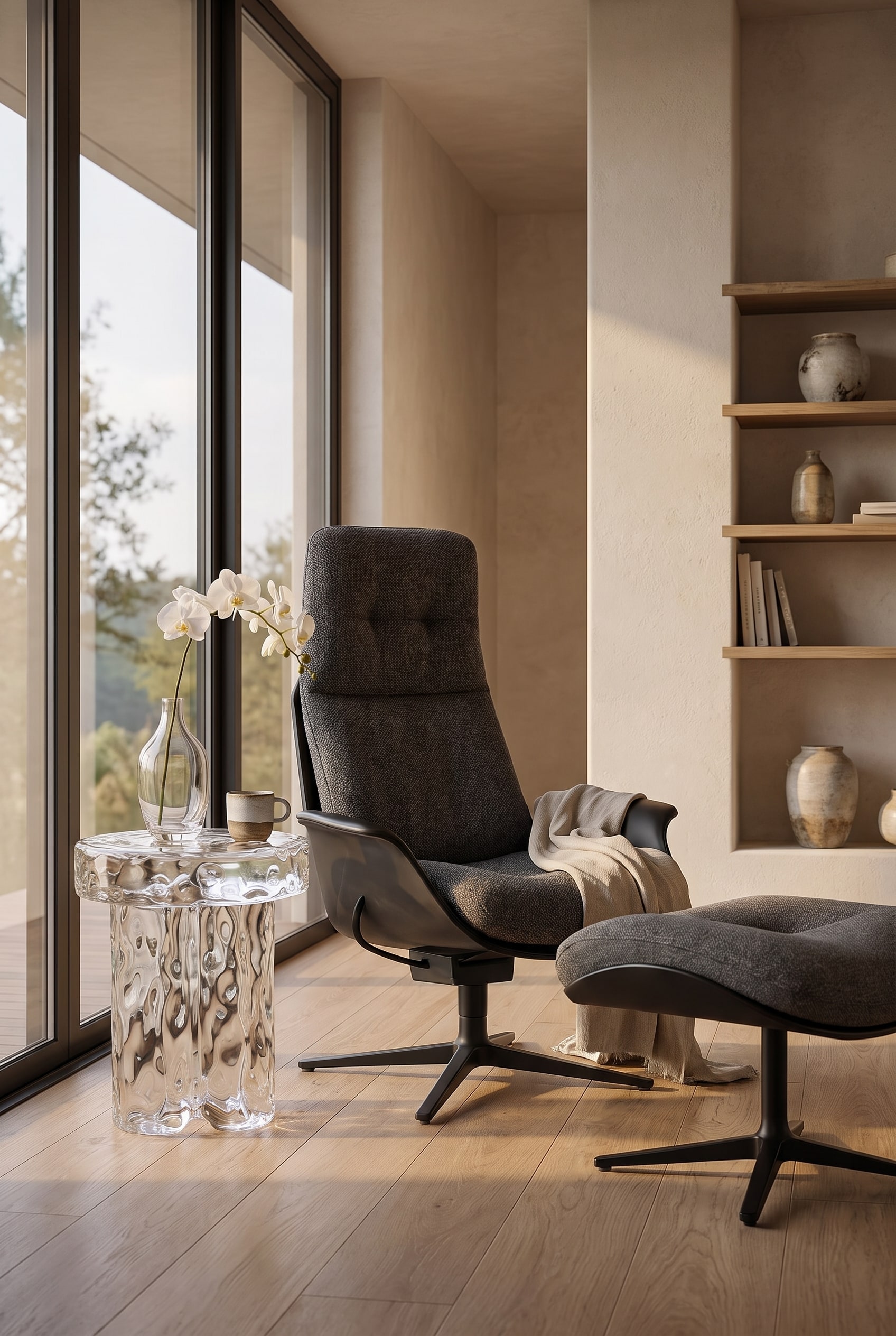 Wohnzimmer-Ecke mit einem umschließenden, hochlehnigen Sessel aus dunkelgrauem Stoff und großen Bodentiefen Fenstern