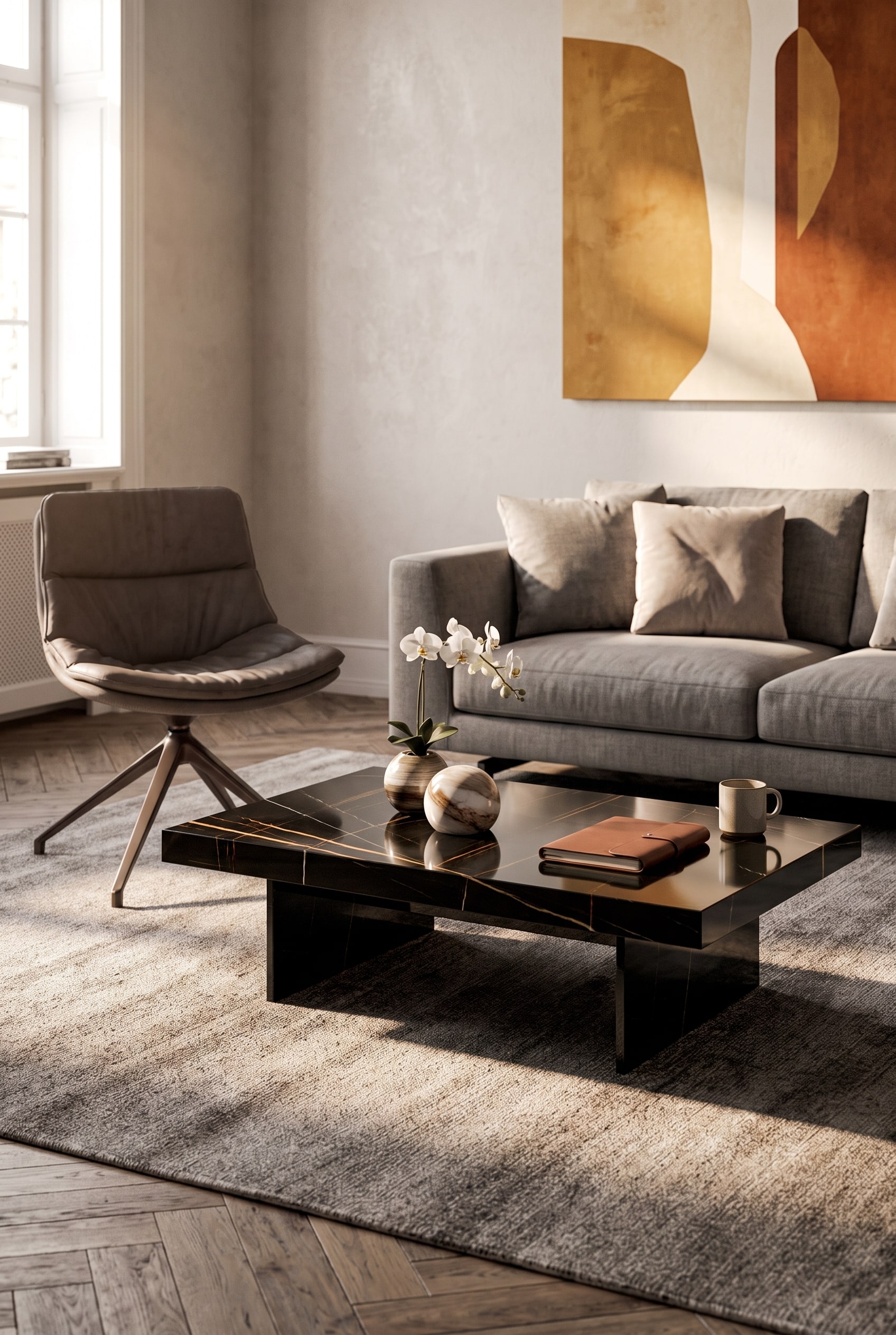 Ozzio Couchtisch Bellagio mit Keramikplatte im modernen Wohnzimmer, dessen Oberfläche pflegeleicht abgewischt wird