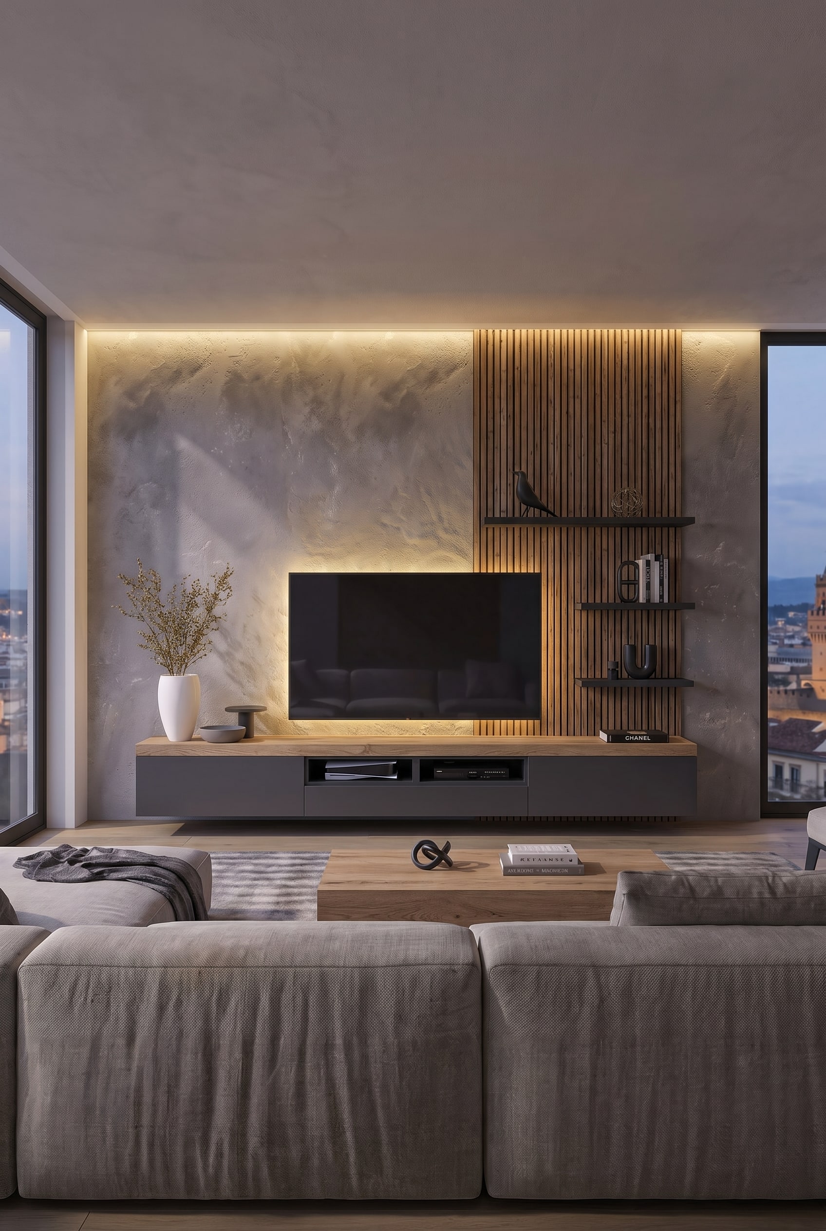 Modernes Wohnzimmer mit dem schwebenden Livitalia Lowboard C101 in Anthrazitgrau und Eiche