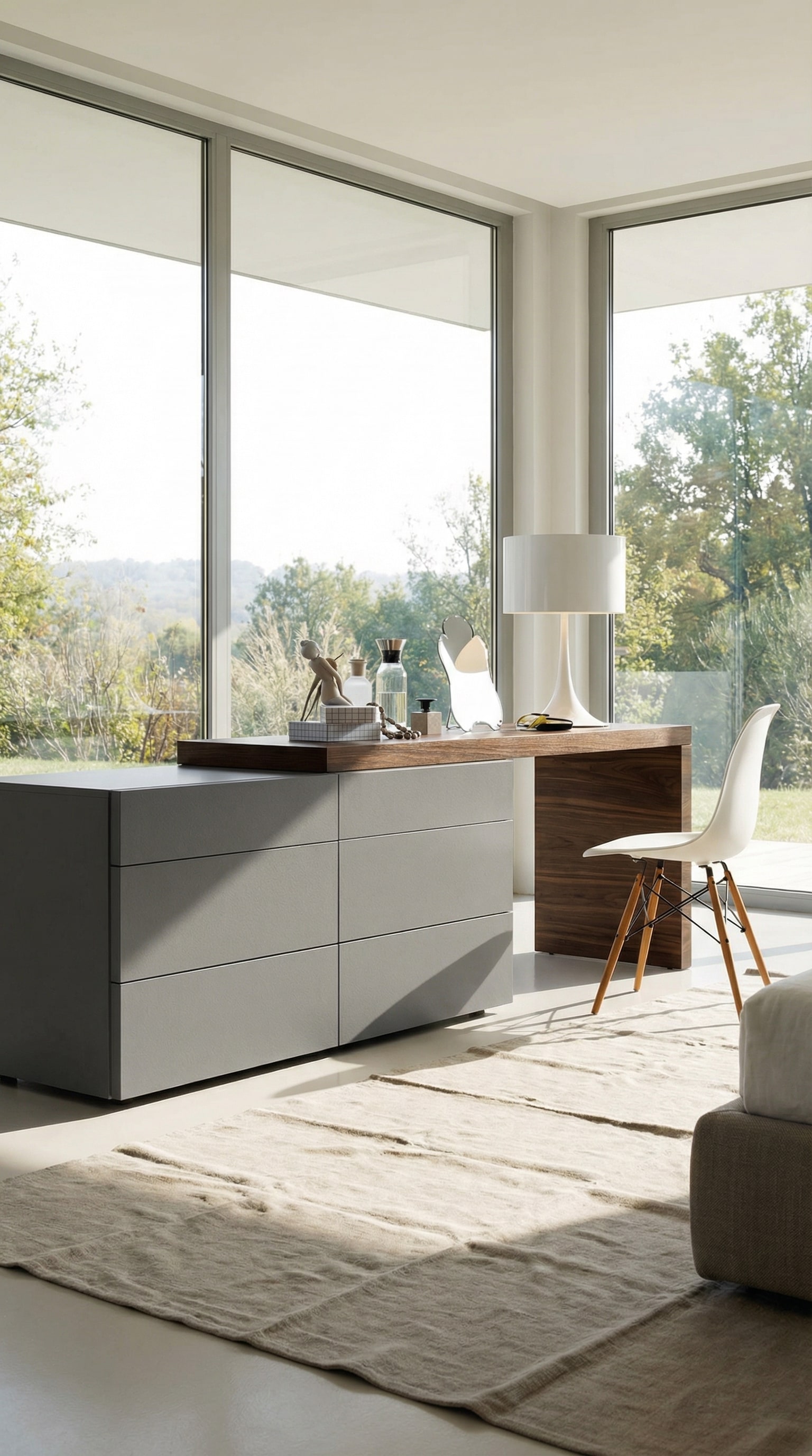 Hybride Kommode mit integriertem Schreibtisch im modernen Schlafzimmer oder Home-Office. Hybride Kommode mit integriertem Schreibtisch im modernen Schlafzimmer oder Home-Office.