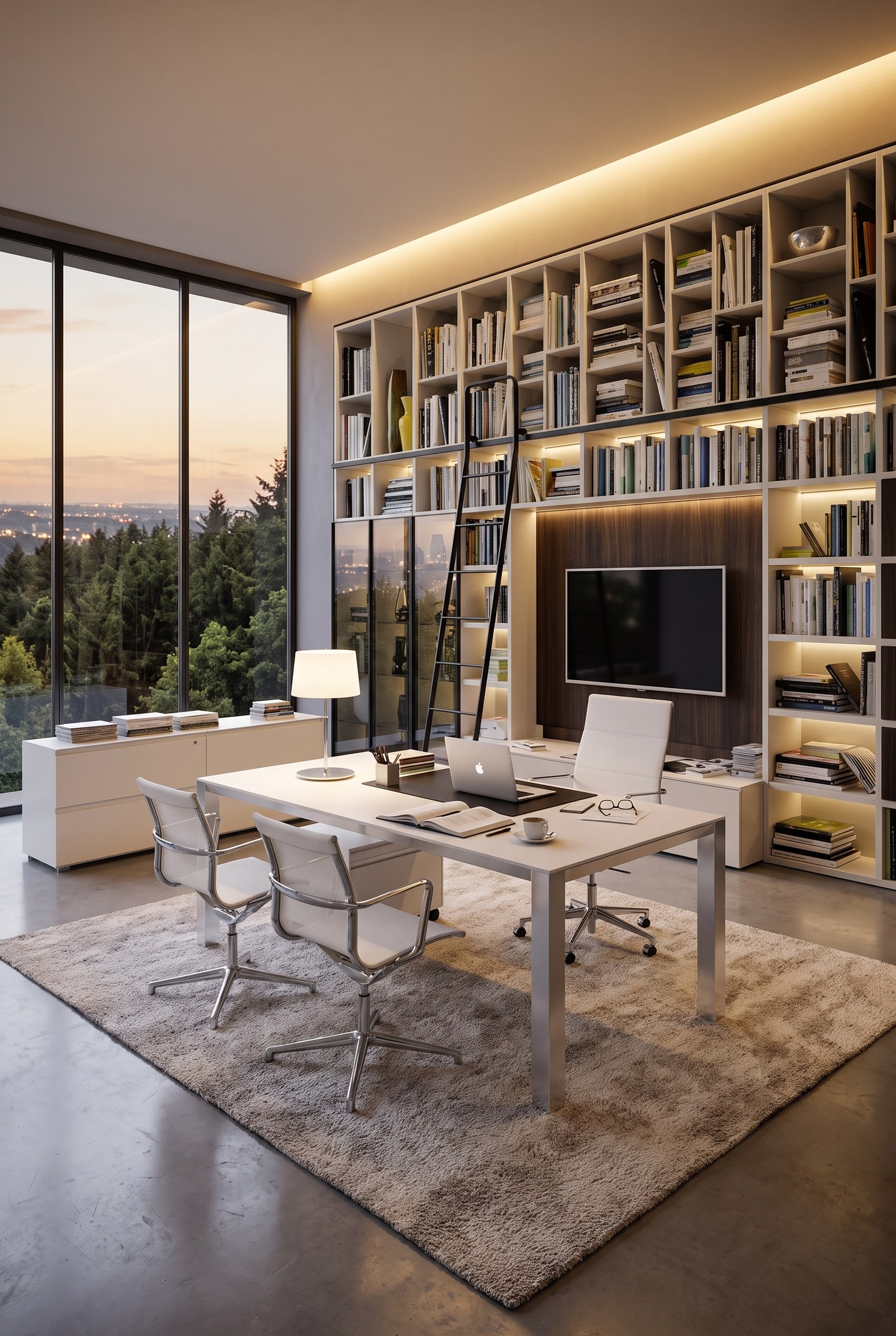 Deckenhohes Bücherregal in Weiß und dunklem Holz mit einer verschiebbaren schwarzen Leiter in einem stilvollen Arbeitszimmer