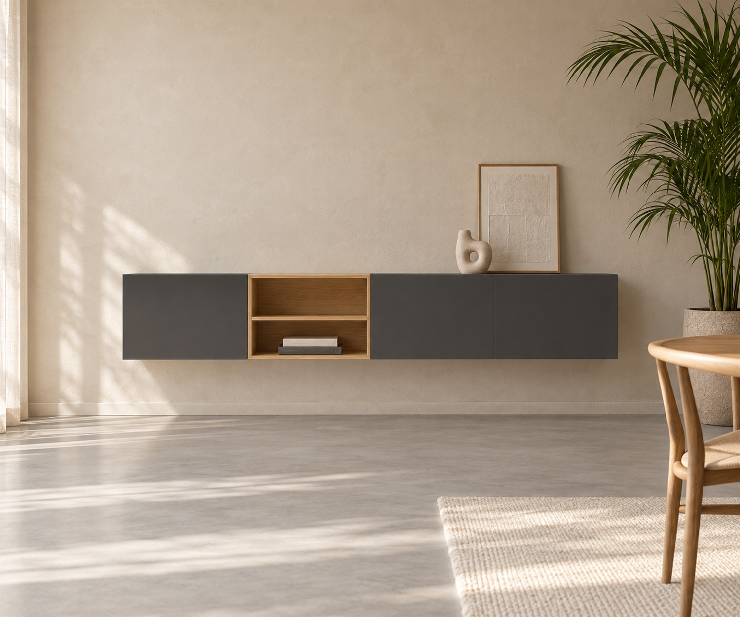 Livitalia Box 18 Wand Sideboard 240 cm – Matt Dunkelgrau + Eiche Hell