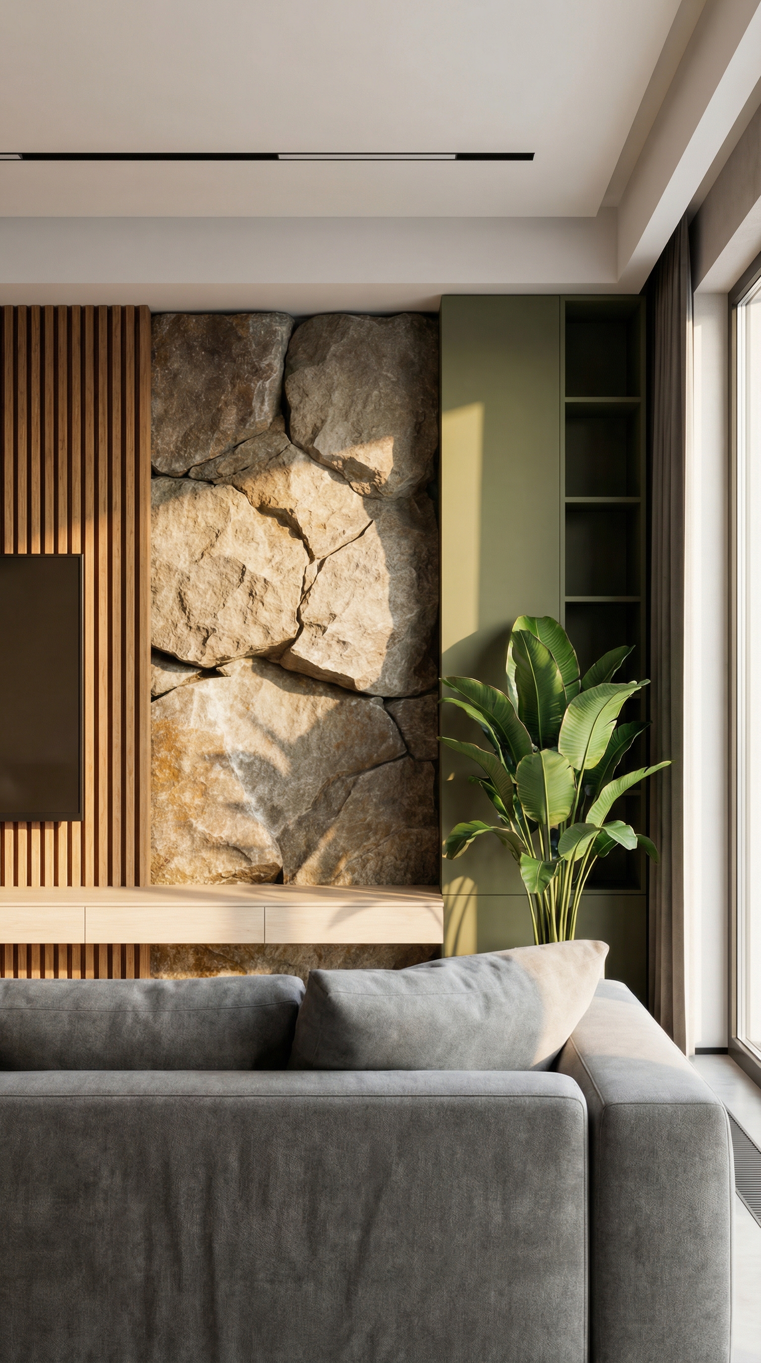 Wohnwand mit echter Steinverblendung und Holz vor olivgr&uuml;ner Wand