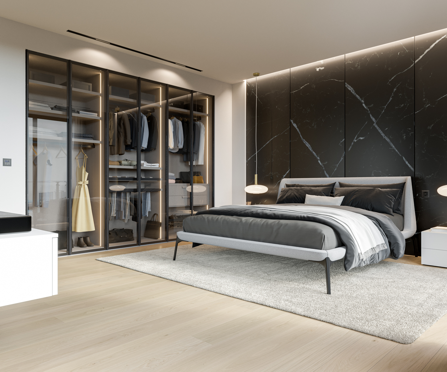Helles Schlafzimmer mit Glastüren Kleiderschrank Helles Schlafzimmer mit Glastüren Kleiderschrank