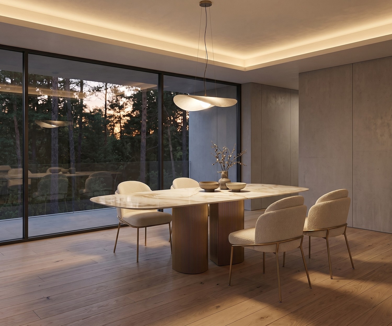 al2 dakry b 001 Design Esstisch oval für das Esszimmer, mit edler Keramikplatte in Marmor-Optik und gerillten Metallbeinen.