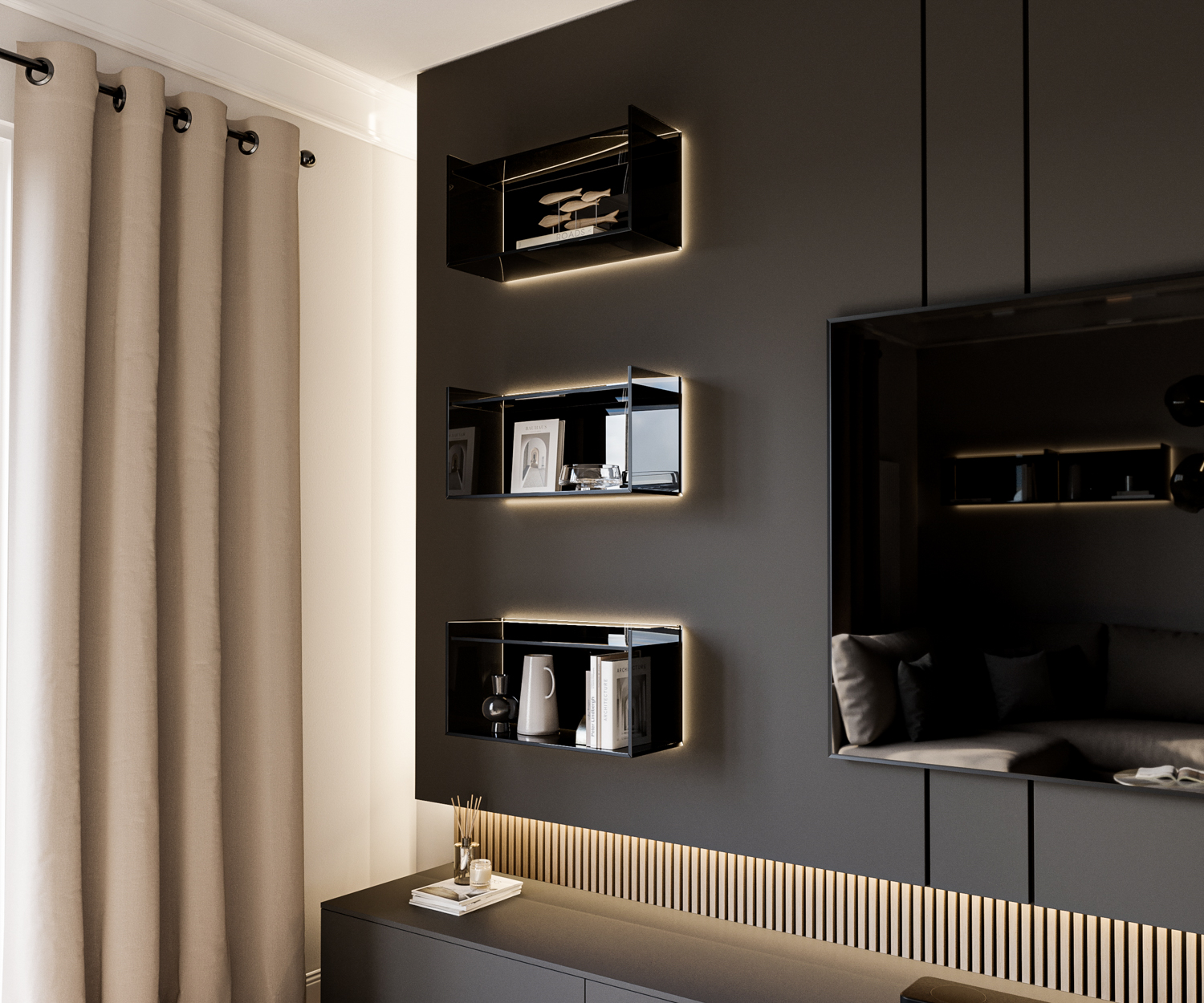 Hängendes Livitalia Glas Design Wandregal in Wohnwand Paneel integriert Hängendes Livitalia Glas Design Wandregal in Wohnwand Paneel integriert