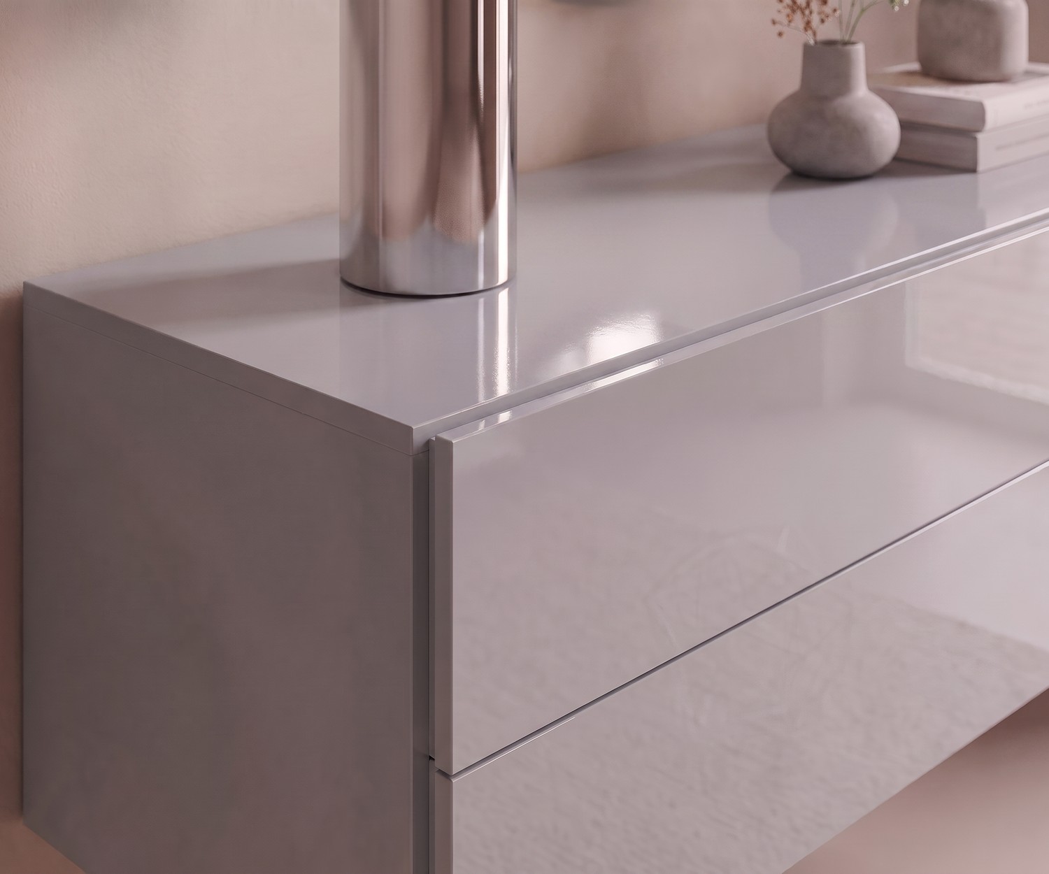 Novamobili Hängekommode Easy in Hellgrau Hängekommode Easy für das Wohnzimmer in Hellgrau Hochglanz, modernes Novamobili Sideboard für stilvollen Stauraum.
