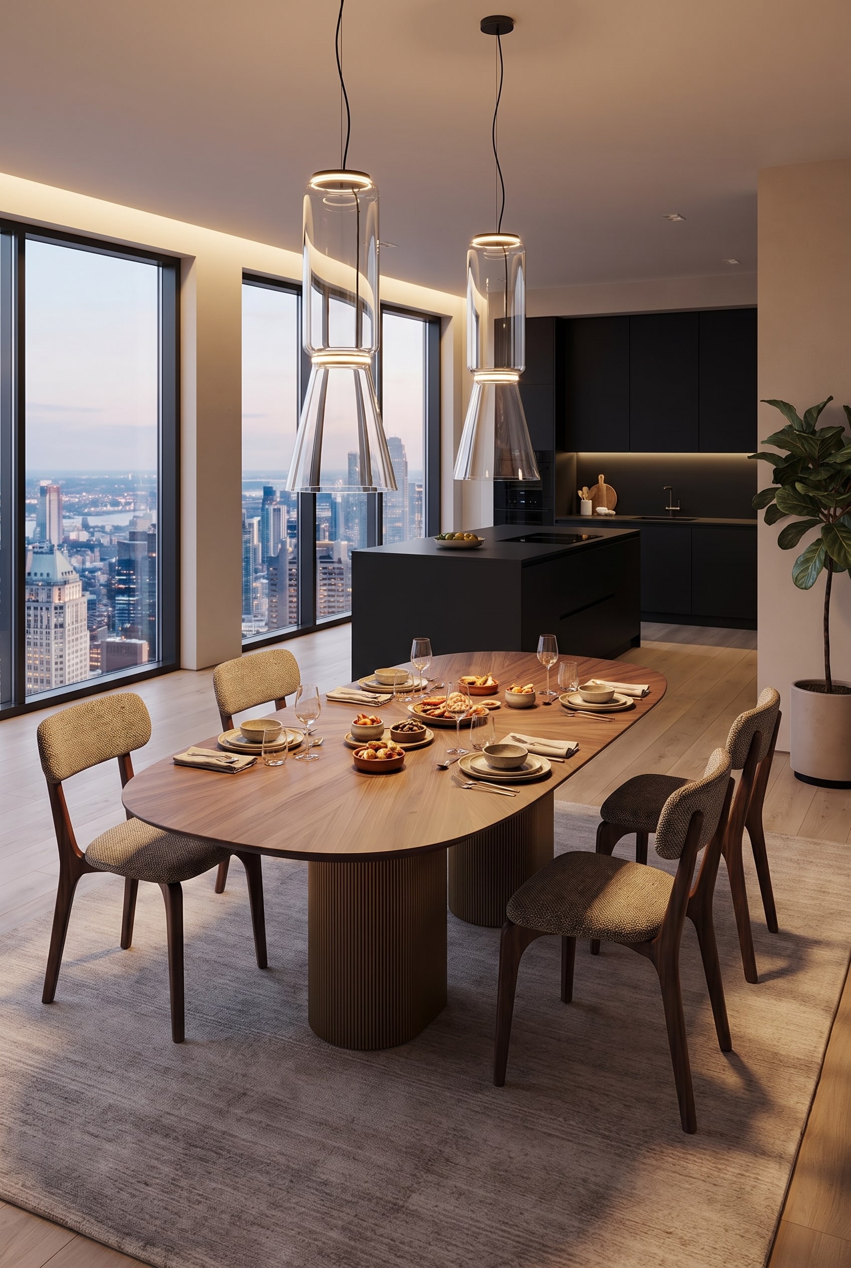 Elegantes Esszimmer mit einem ovalen Holztisch mit geriffeltem Säulenfuß und drei Polsterstühlen in grobem Stoff