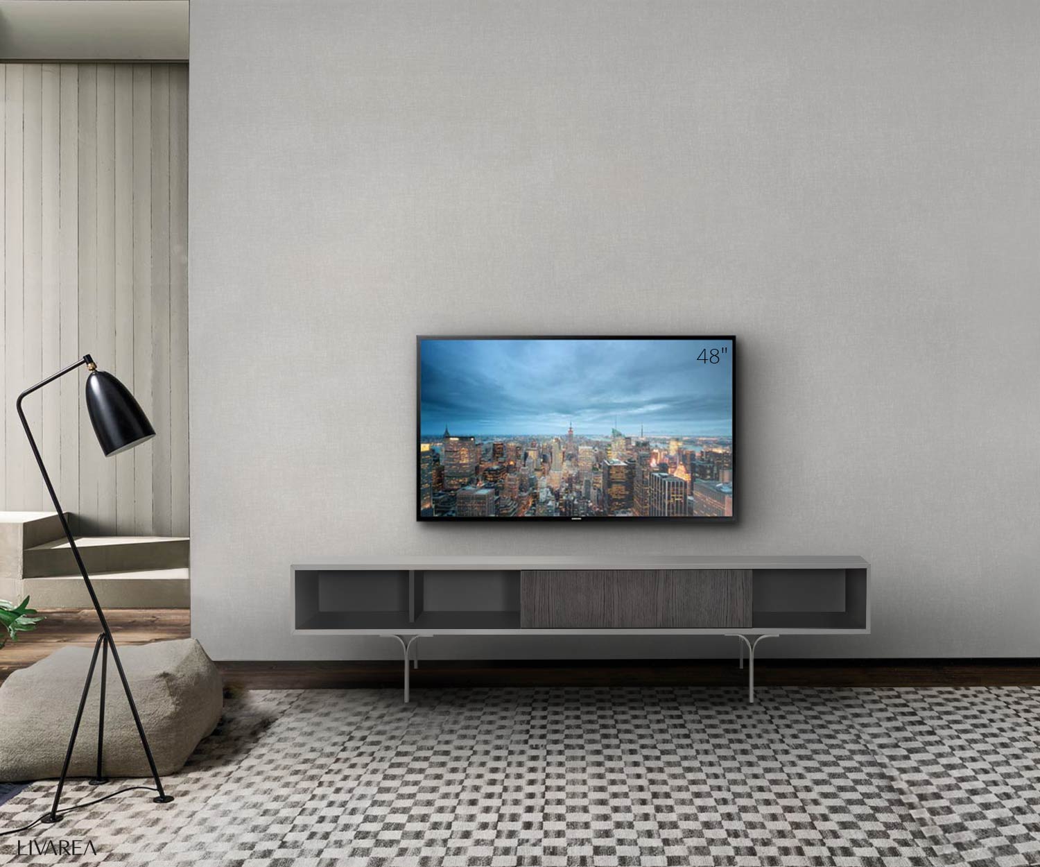 Exklusives al2 Mobius 005 TV Board im Wohnzimmer mit Fernseher