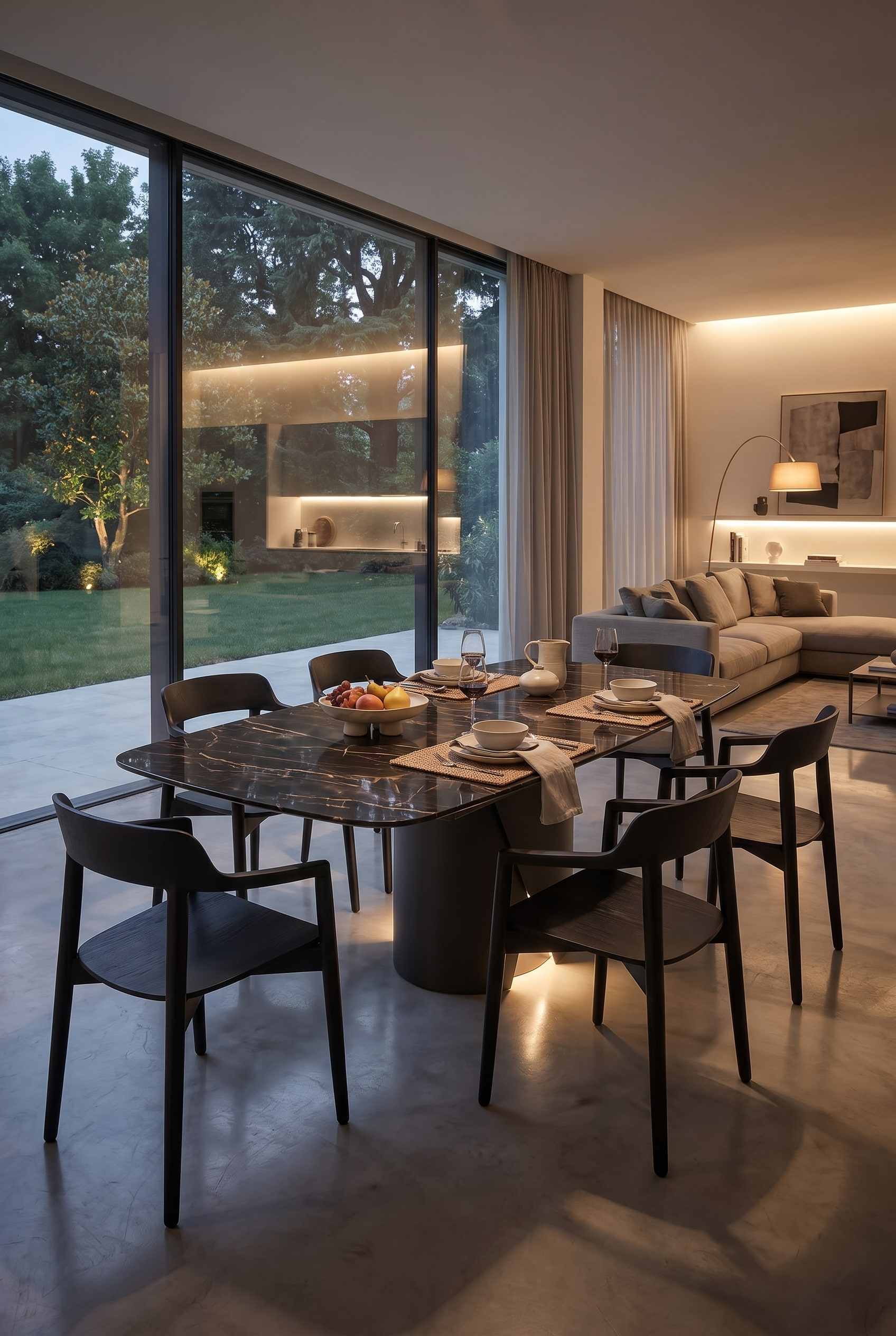 Modernes Esszimmer mit Keramik-Esstisch in dunkler Marmoroptik und vier modernen Stühlen