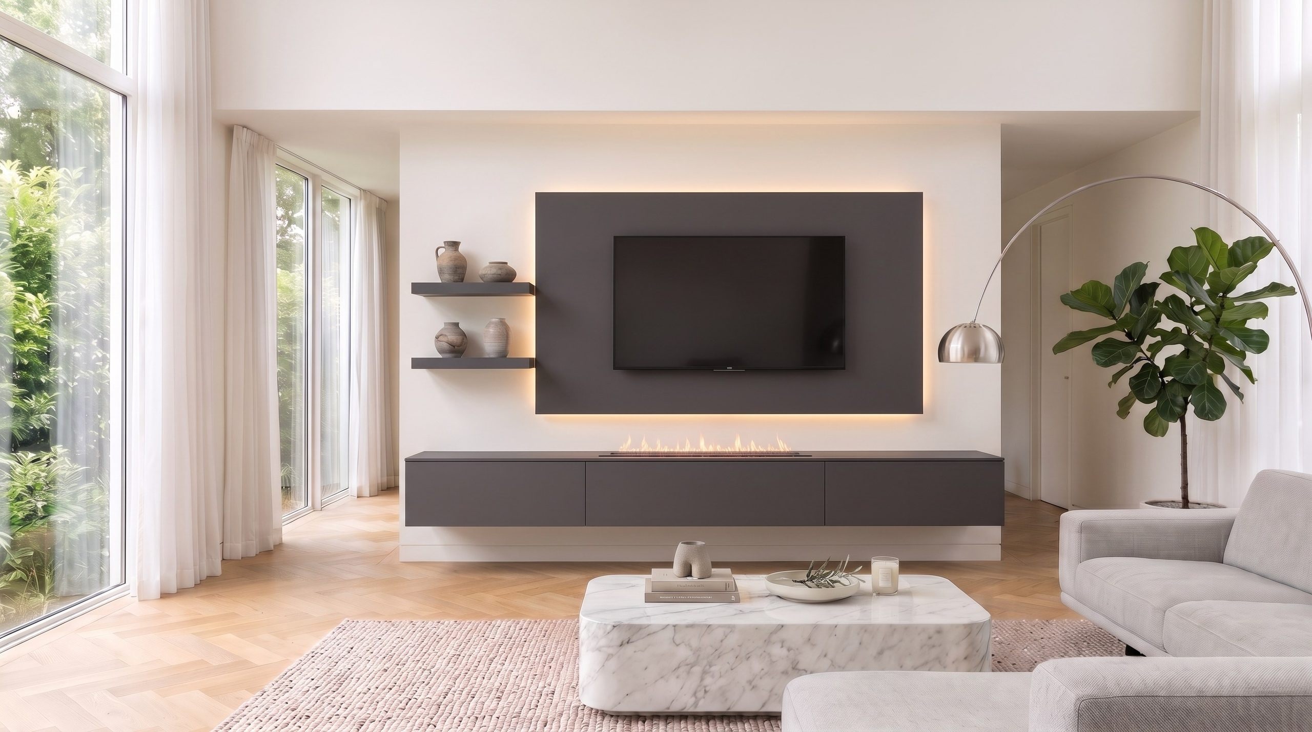 Livitalia Wohnwand C108 in Dunkelgrau mit Kamineinsatz im wandh&auml;ngenden Lowboard, beleuchtetem TV-Paneel und zwei kurzen Wandboards