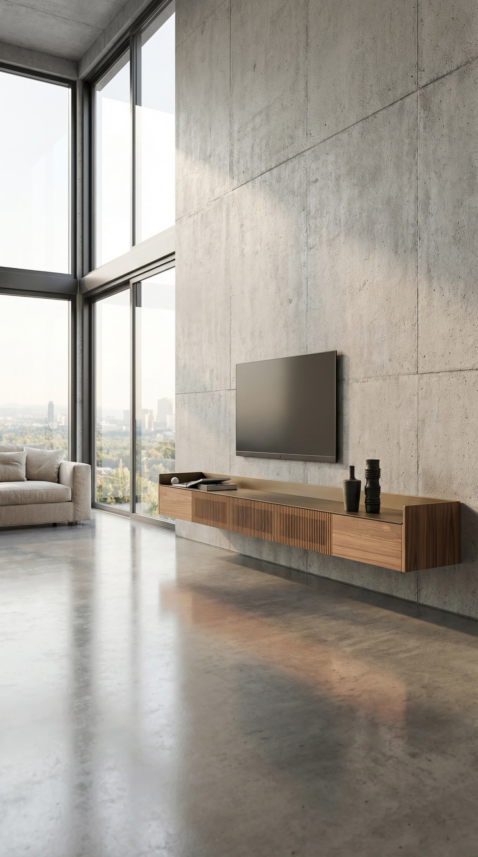 Wandh&auml;ngendes Punt Stockholm Slim Holz Sideboard in einem modernen Loft mit k&uuml;hlem Boden