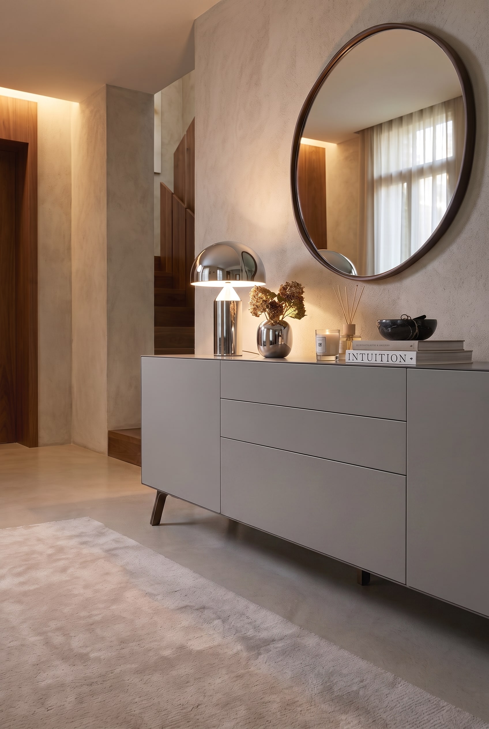 Geschlossenes graues Sideboard in einem Flur, im Hintergrund ist eine Holztreppe sichtbar. Auf dem Boden liegt ein heller Teppich.