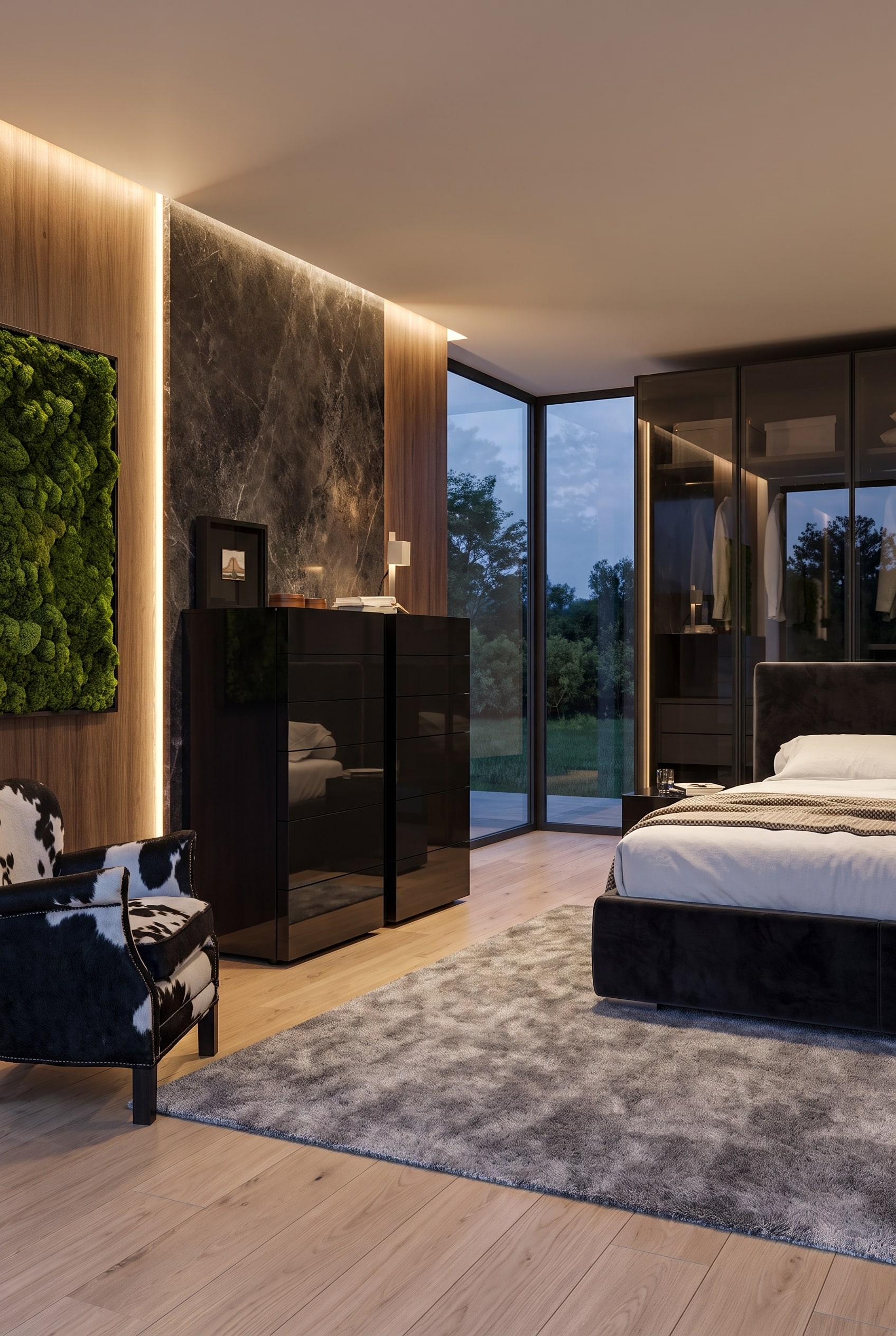 Eine schwarze Hochkommode mit gl&auml;nzender Oberfl&auml;che in einem hellen Schlafzimmer, dekoriert mit einem Moosbild.