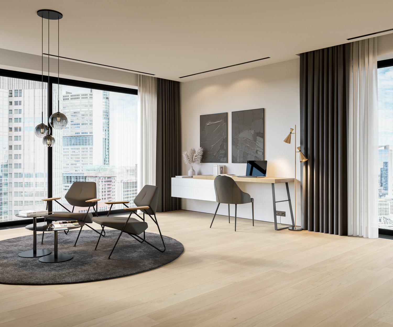 Luxuriöses Appartement mit modernem Schreibtisch und Sitzgruppe Luxuriöses Appartement mit modernem Schreibtisch und Sitzgruppe