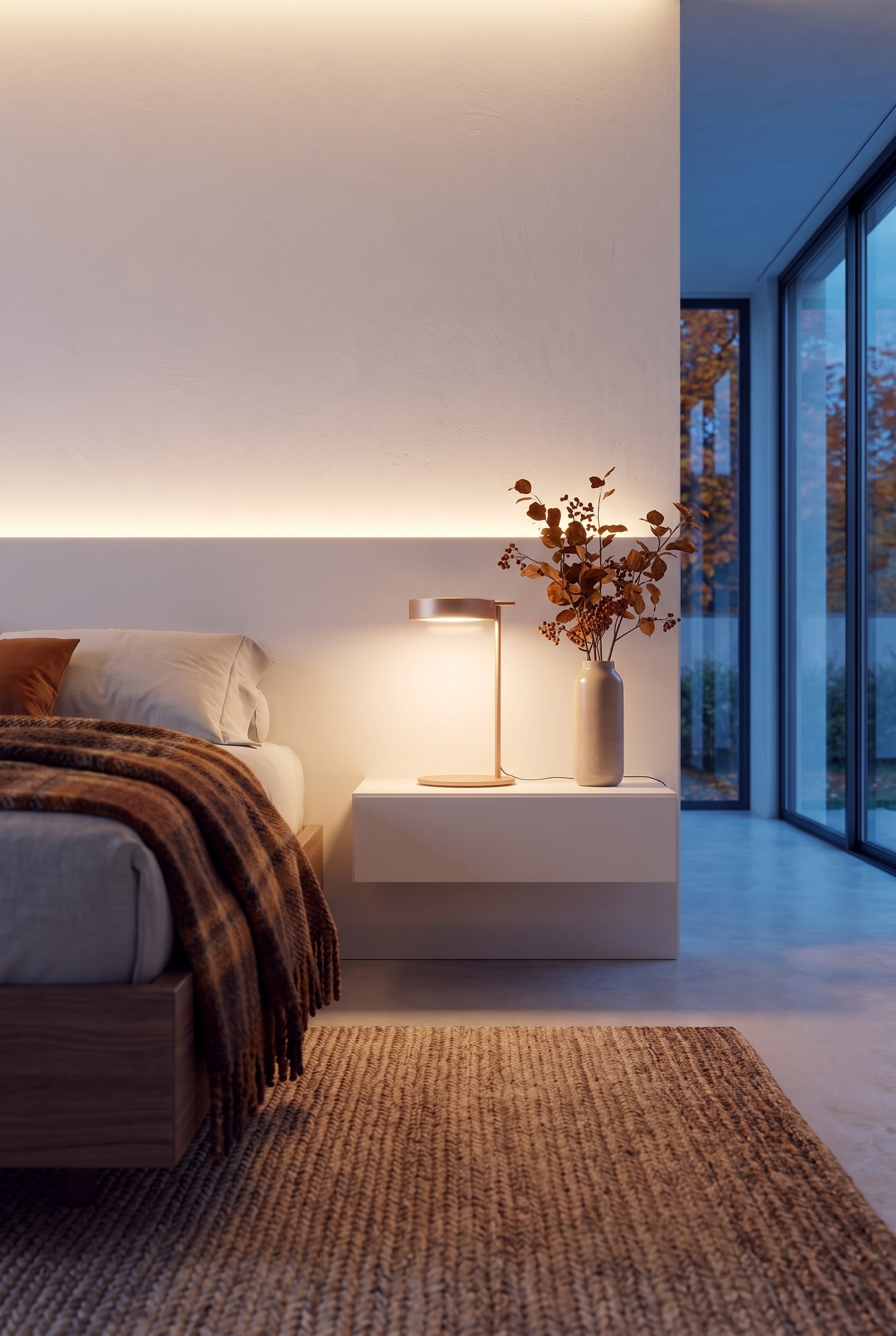 Herbstliches Schlafzimmer mit matt lackiertem Nachttisch, der &uuml;ber eine geschlossene Schublade verf&uuml;gt, neben einem gem&uuml;tlichen Stoffbett