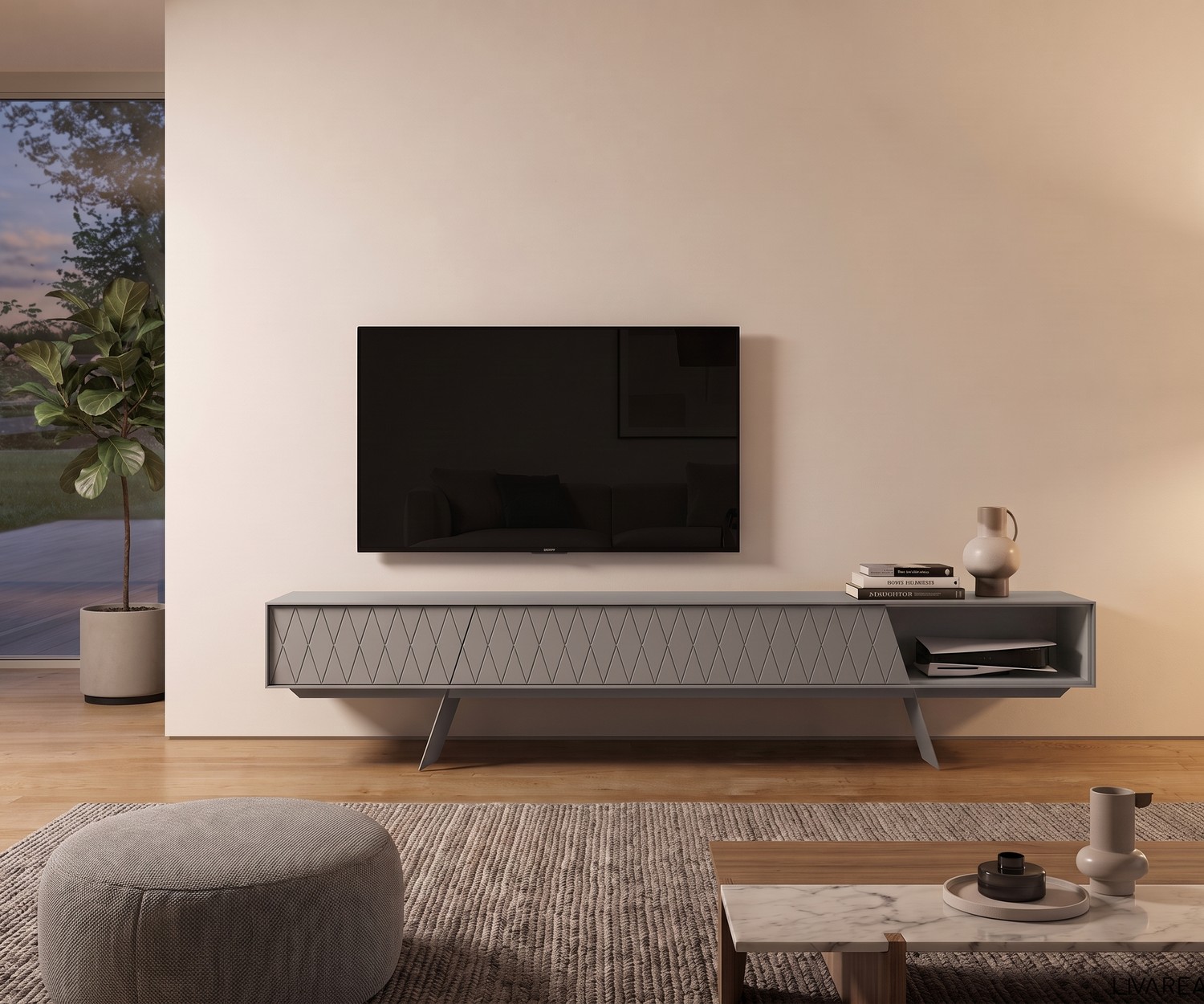 Design TV Lowboard e-klipse 008 mit Rautenmuster al2 e-klipse 008 TV Lowboard mit Rautenmuster im Wohnzimmer. Modernes graues Fernsehregal auf filigranen Füßen.