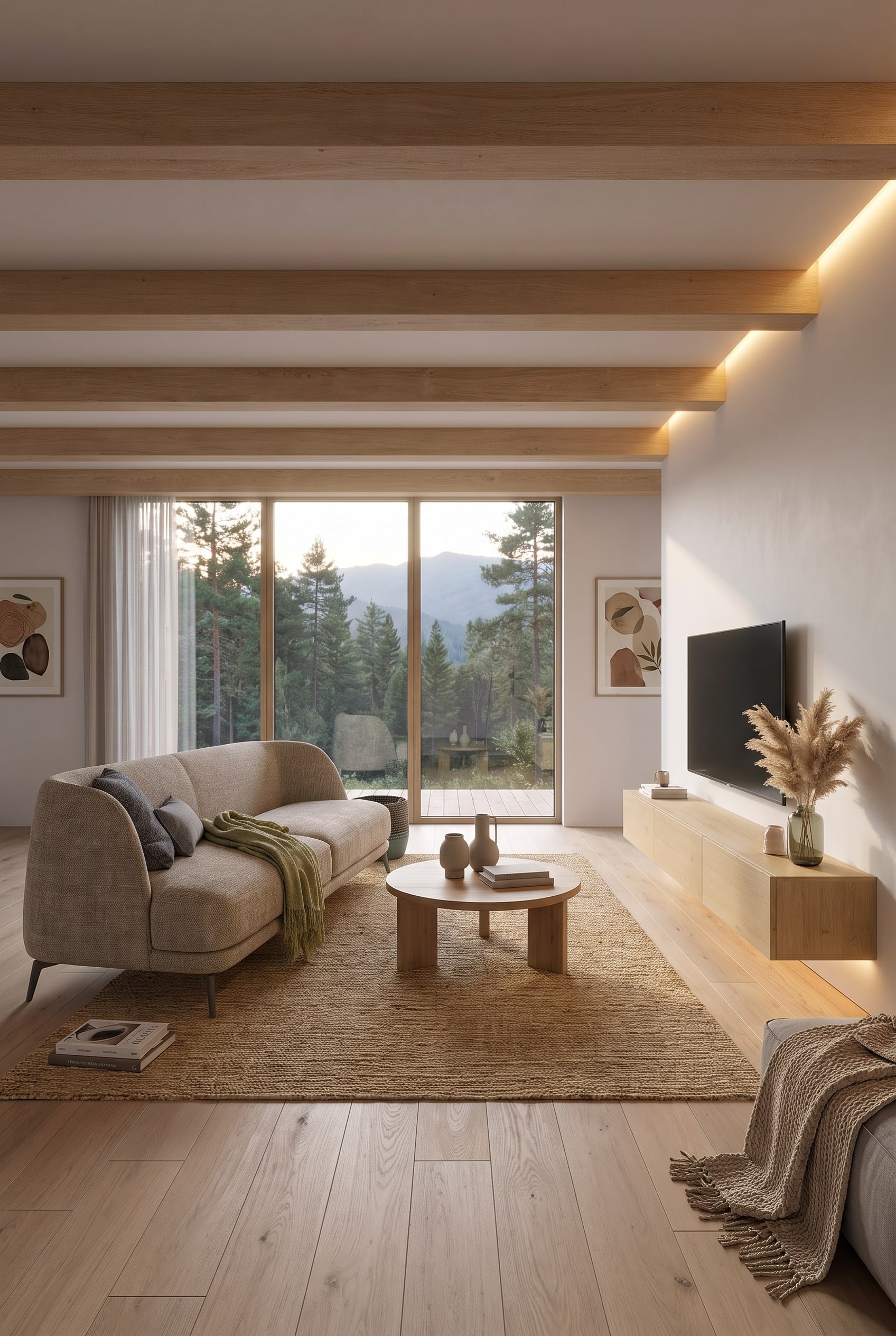 Wohnzimmer mit einem gro&szlig;en Sofa in mattem Beigeton, ohne harte farbliche Kontraste