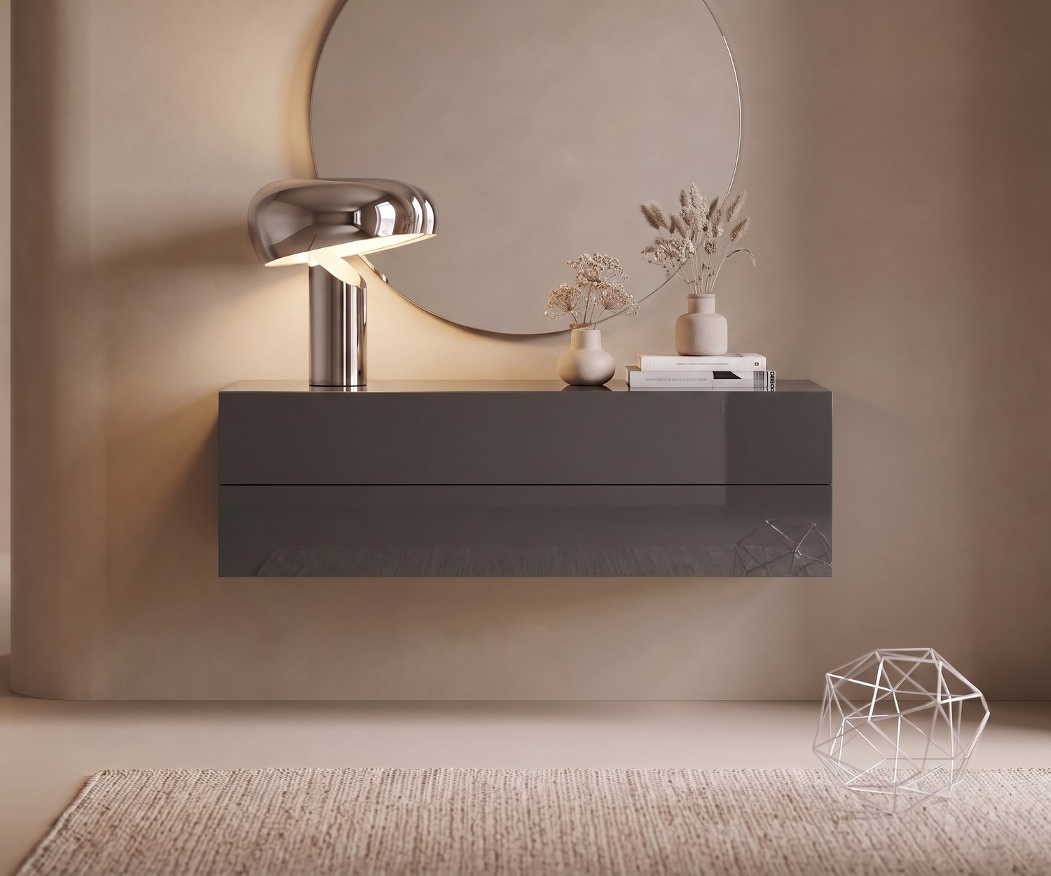 Novamobili Hängekommode Easy in Quarzgrau Hängekommode Easy von Novamobili im Flur, moderne schwebende Kommode in Hochglanz Quarzgrau mit stilvoller Deko.