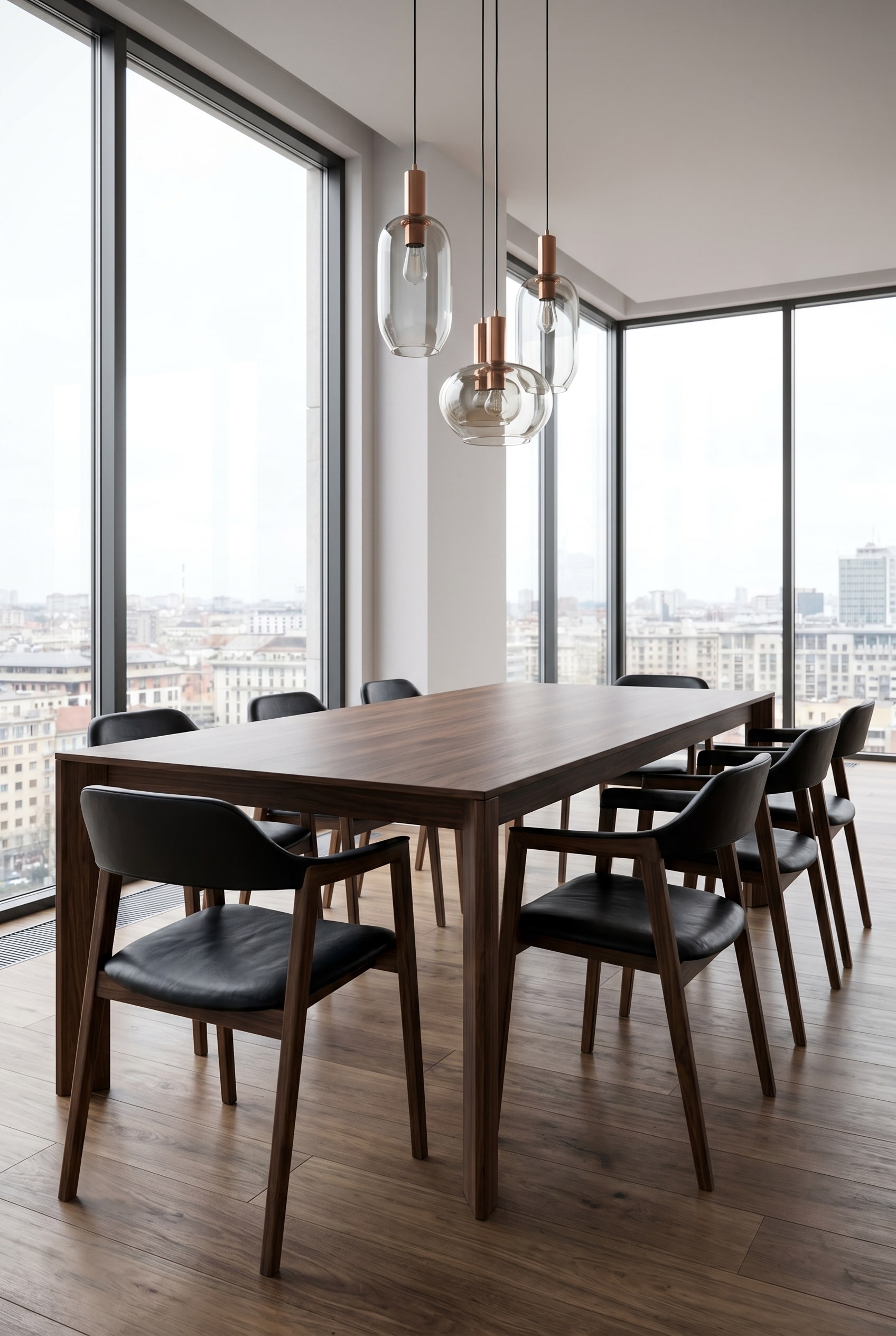 Modernes Loft-Esszimmer mit drei Glaspendelleuchten und dunklem Nussbaum-Armlehnenstuhl mit schwarzem Leder am Holztisch