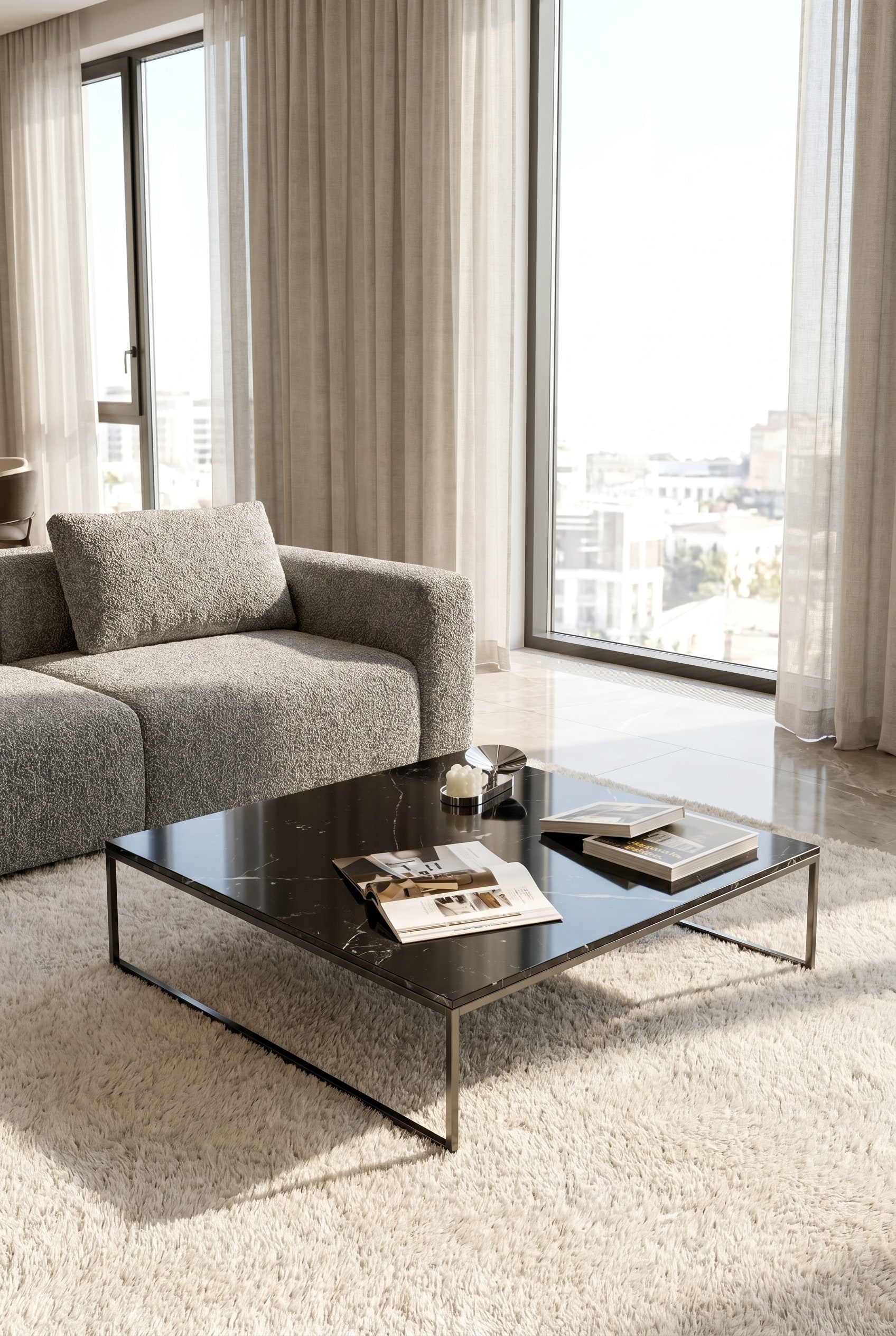 Livitalia Marmor Couchtisch Frame auf einem hochflorigen hellen Teppich vor bodentiefen Fenstern in einer modernen Lounge Livitalia Marmor Couchtisch Frame auf einem hochflorigen hellen Teppich vor bodentiefen Fenstern in einer modernen Lounge