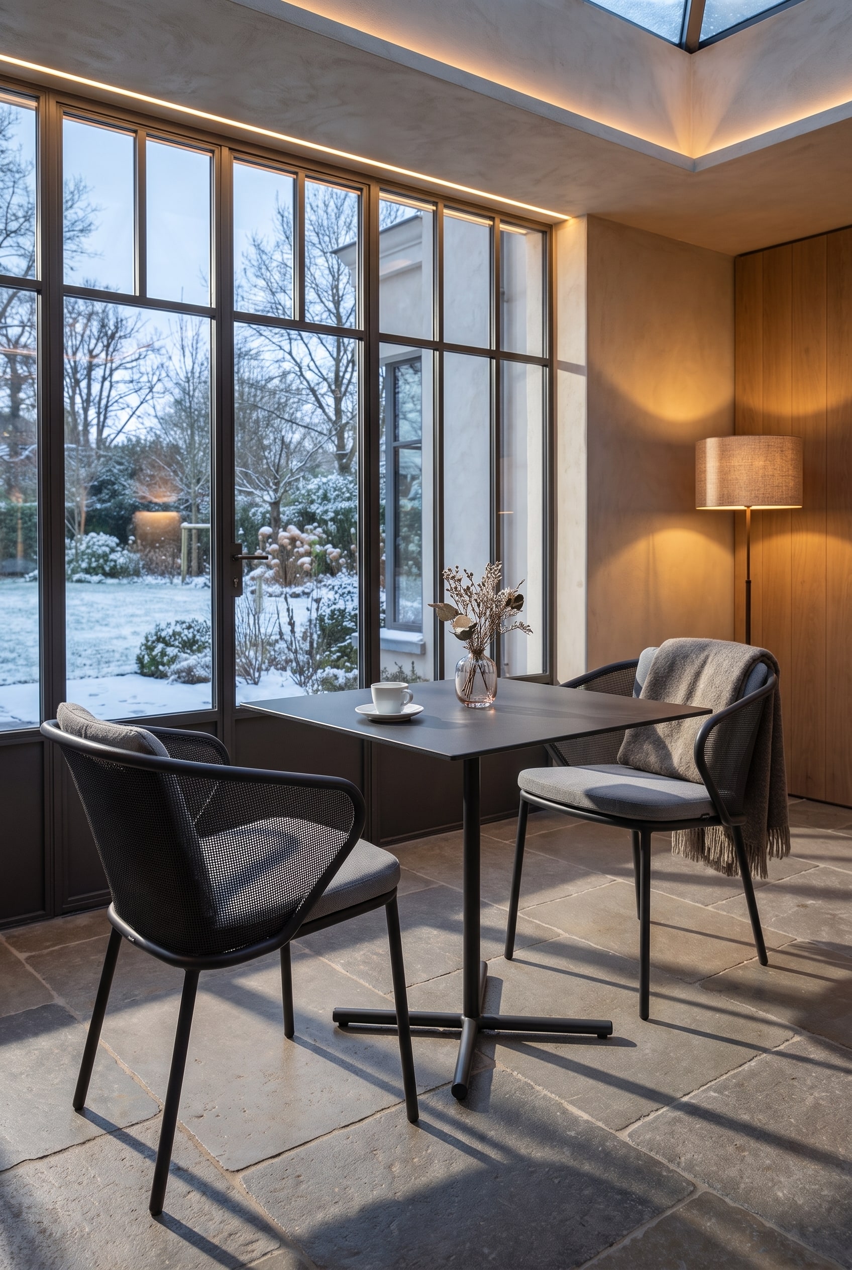 Zierlicher Bistrotisch in dunklem Graphit mit zentralem Mittelfu&szlig; und zwei modernen St&uuml;hlen in einer sonnigen Ecke des Wintergartens. Auf dem Tisch steht eine Espresso-Tasse.